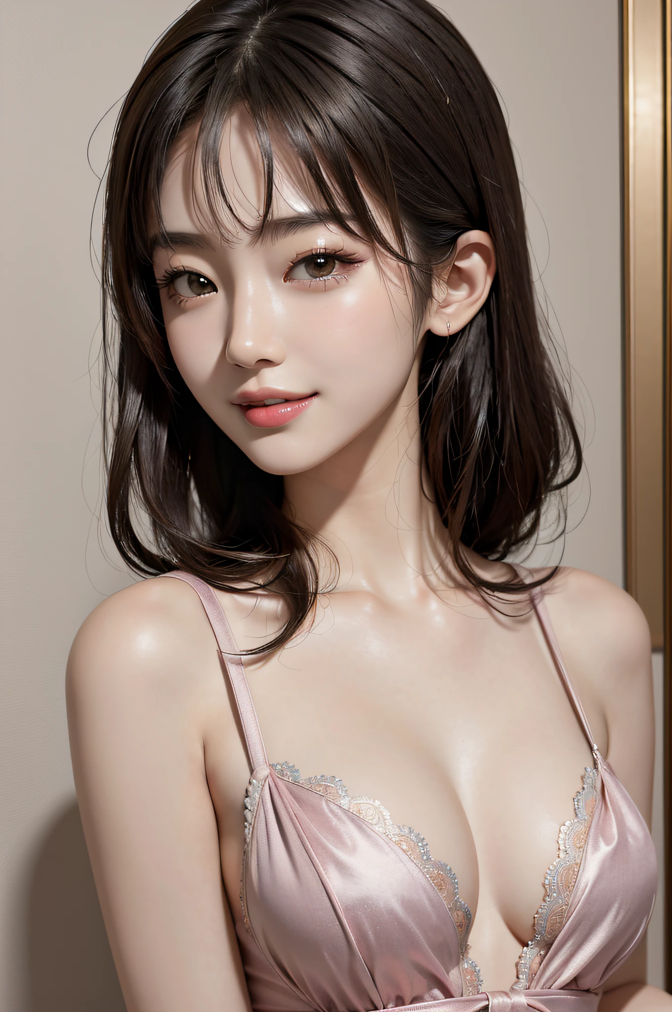 Masterpiece, Best Quality, Portrait of 1girl,Korean woman,(Masterpiece, Pretty person,Polluted smile),Virtual YouTube,Detailed skin texture, Detailed cloth texture, Beautifully detailed face, Masterpiece, Clavicle, (pretty breasts:1.6)