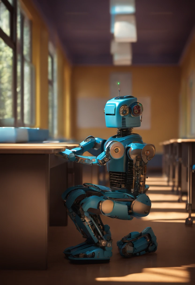 A robot sitting alone in a classroom