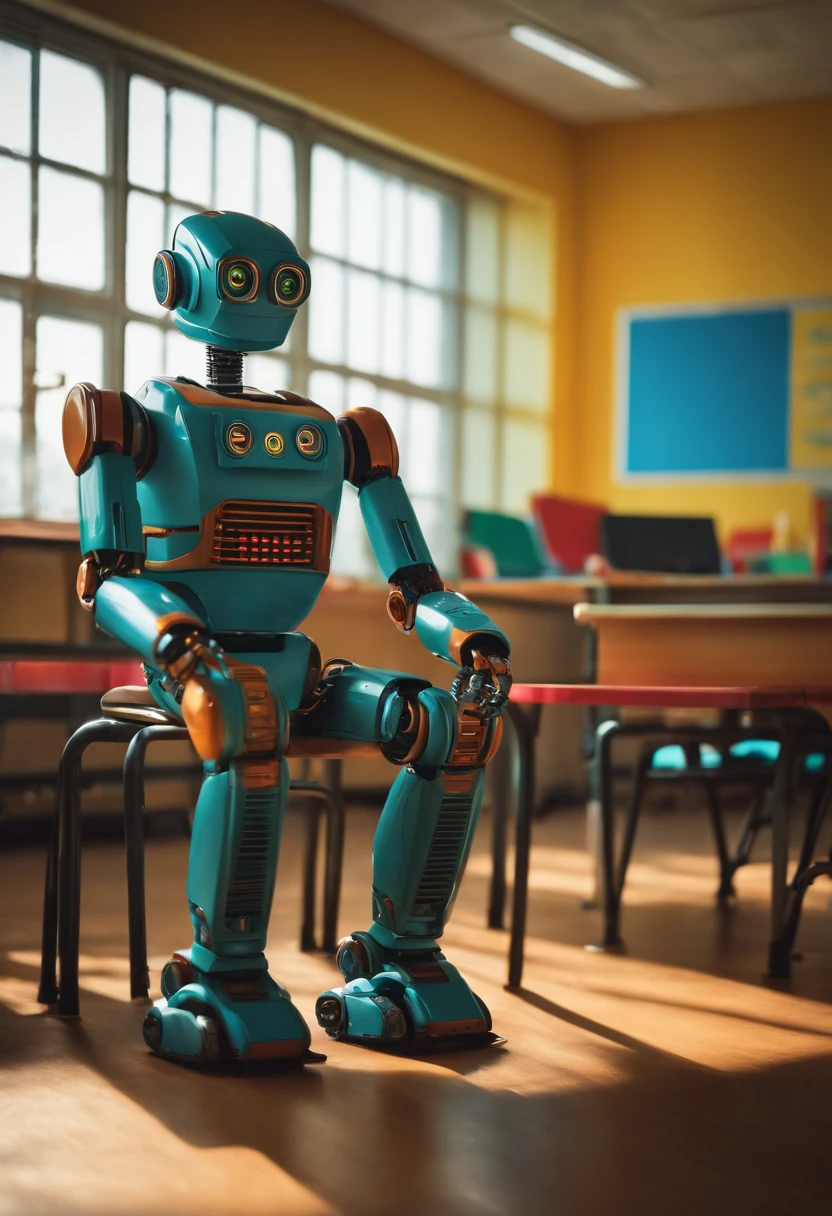 A robot sitting alone in a classroom