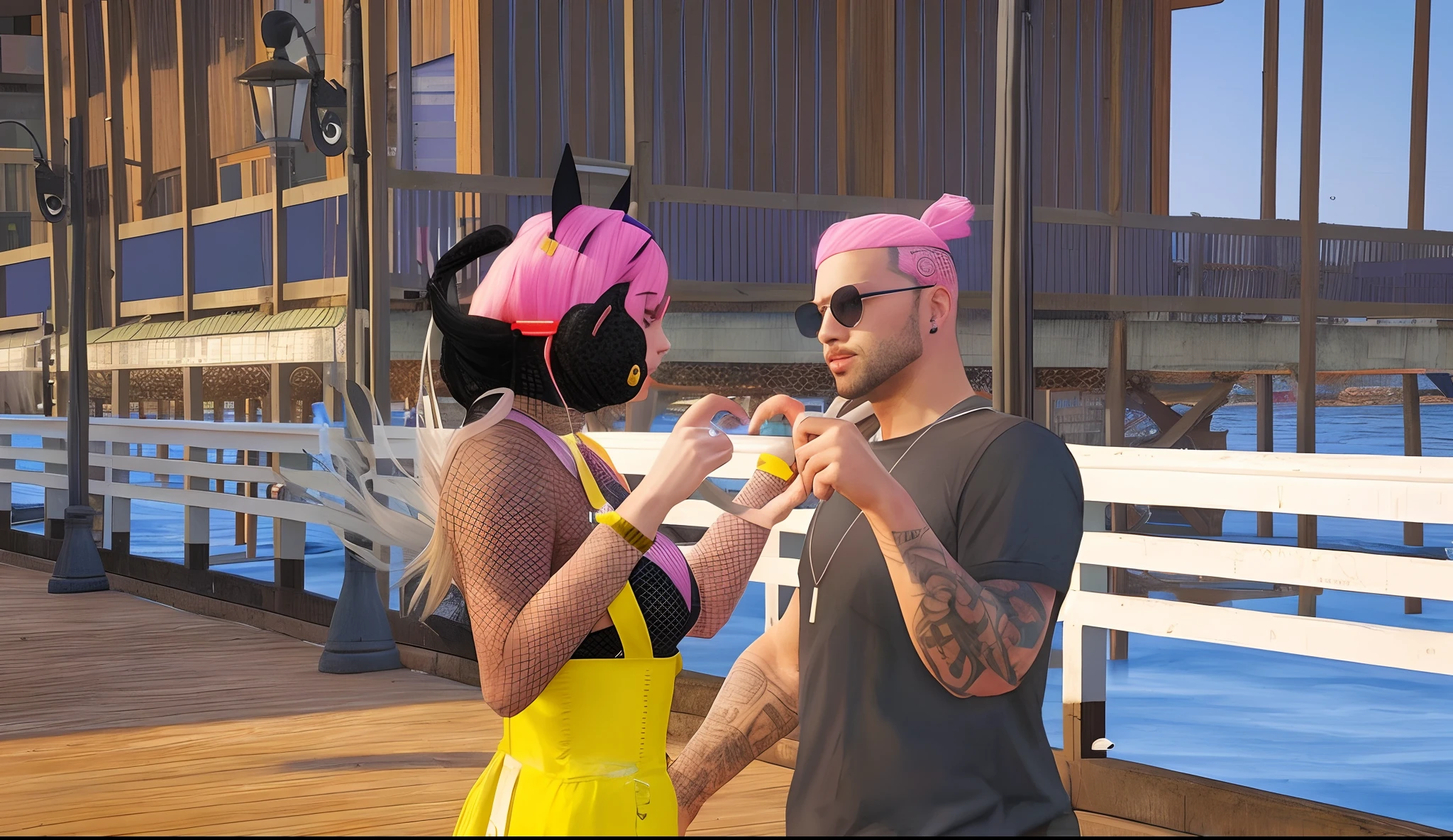 There is a man and a woman standing on a pier eating food, ariana grande em gta v, gta v street style, Naruto em GTA V, gta personagem, gta5 estilo, Estilo de GTA V, wearing cybernetic bunny ears, badass composition, como um personagem de gtav, gta v estilo, Coelho ruim, wearing a pink head band, an aesthetic!
