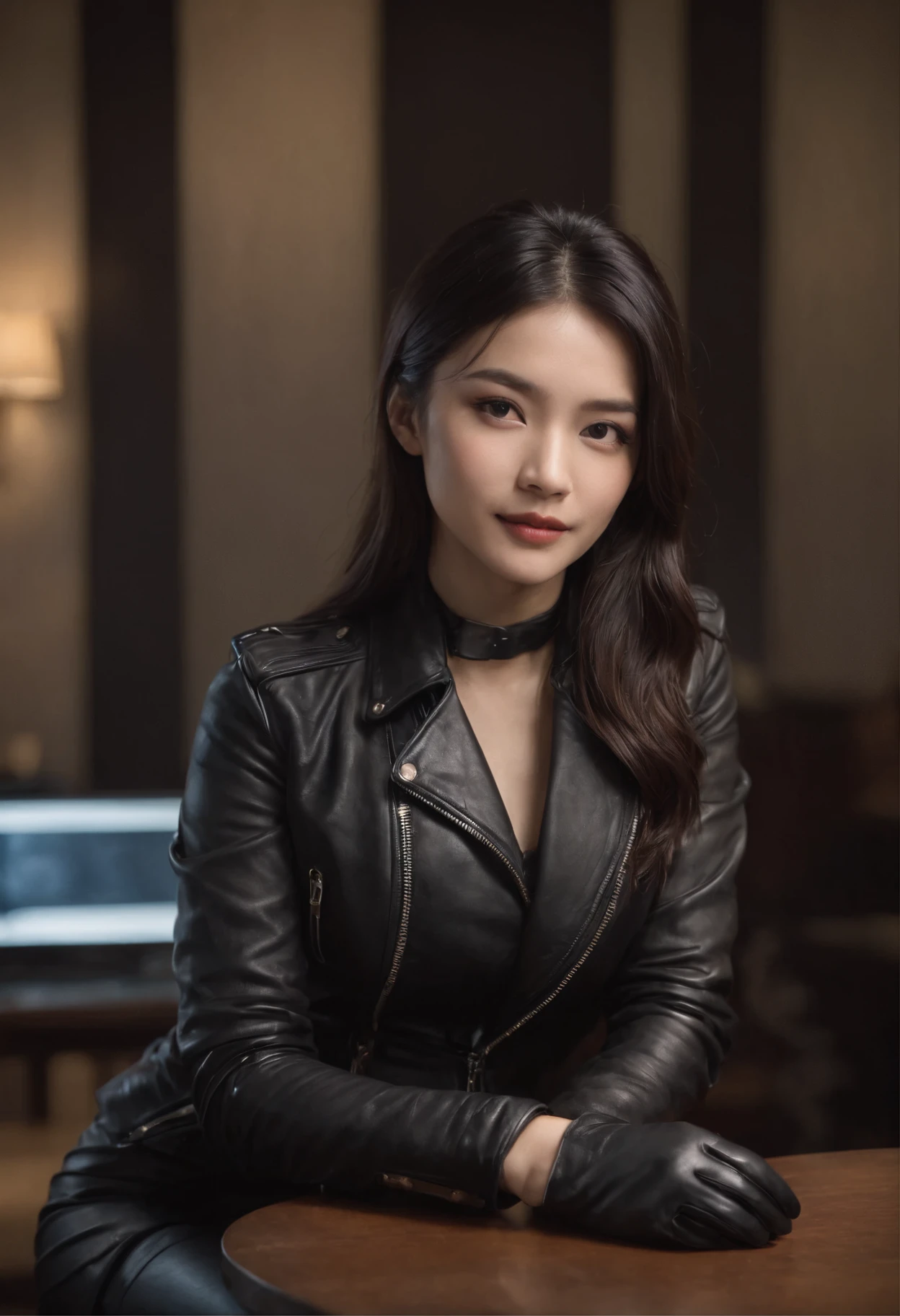 Wearing black leather gloves in both hands Upper body Black leather riders jacket Black leather skinny pants Black leather long boots Necklace on the chest Smiling at the desk in the modern study in the dark, long straight black hair Young Japanese woman (black leather gloves cover both hands) With the fingers of black leather gloves, sitting on a leather chair, working on the computer, staring at the screen
