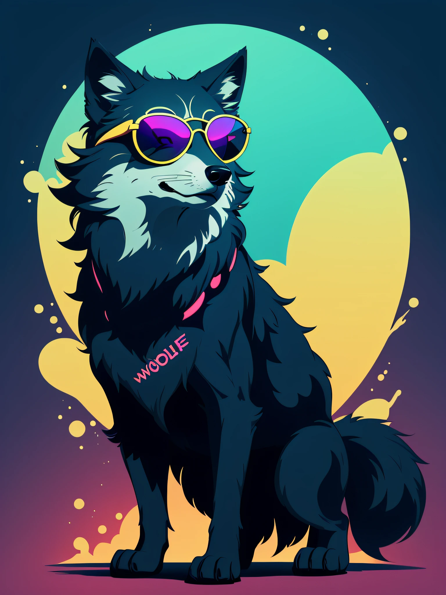 a cool wolf with sunglasses, splash background, cute, contour, neon color, 2d, vector, sticker, simple