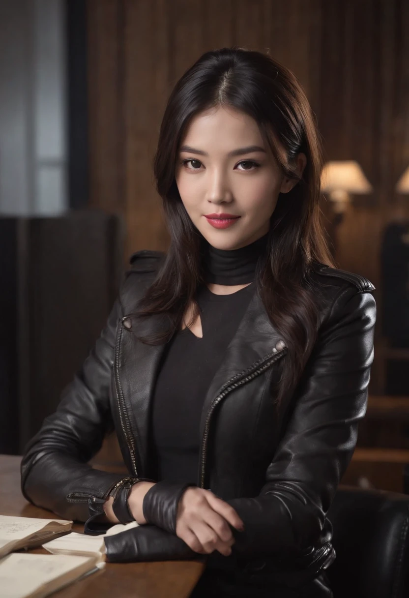 Wearing black leather gloves in both hands Upper body Black leather riders jacket Black leather skinny pants Black leather long boots Necklace on the chest Smiling at the desk in the modern study in the dark, long straight black hair Young Japanese woman (black leather gloves cover both hands) With the fingers of black leather gloves, sitting on a leather chair, working on the computer, staring at the screen