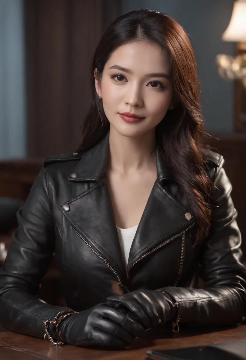 Wearing black leather gloves in both hands Upper body Black leather riders jacket Black leather skinny pants Black leather long boots Necklace on the chest Smiling at the desk in the modern study in the dark, long straight black hair Young Japanese woman (black leather gloves cover both hands) With the fingers of black leather gloves, sitting on a leather chair, working on the computer, staring at the screen