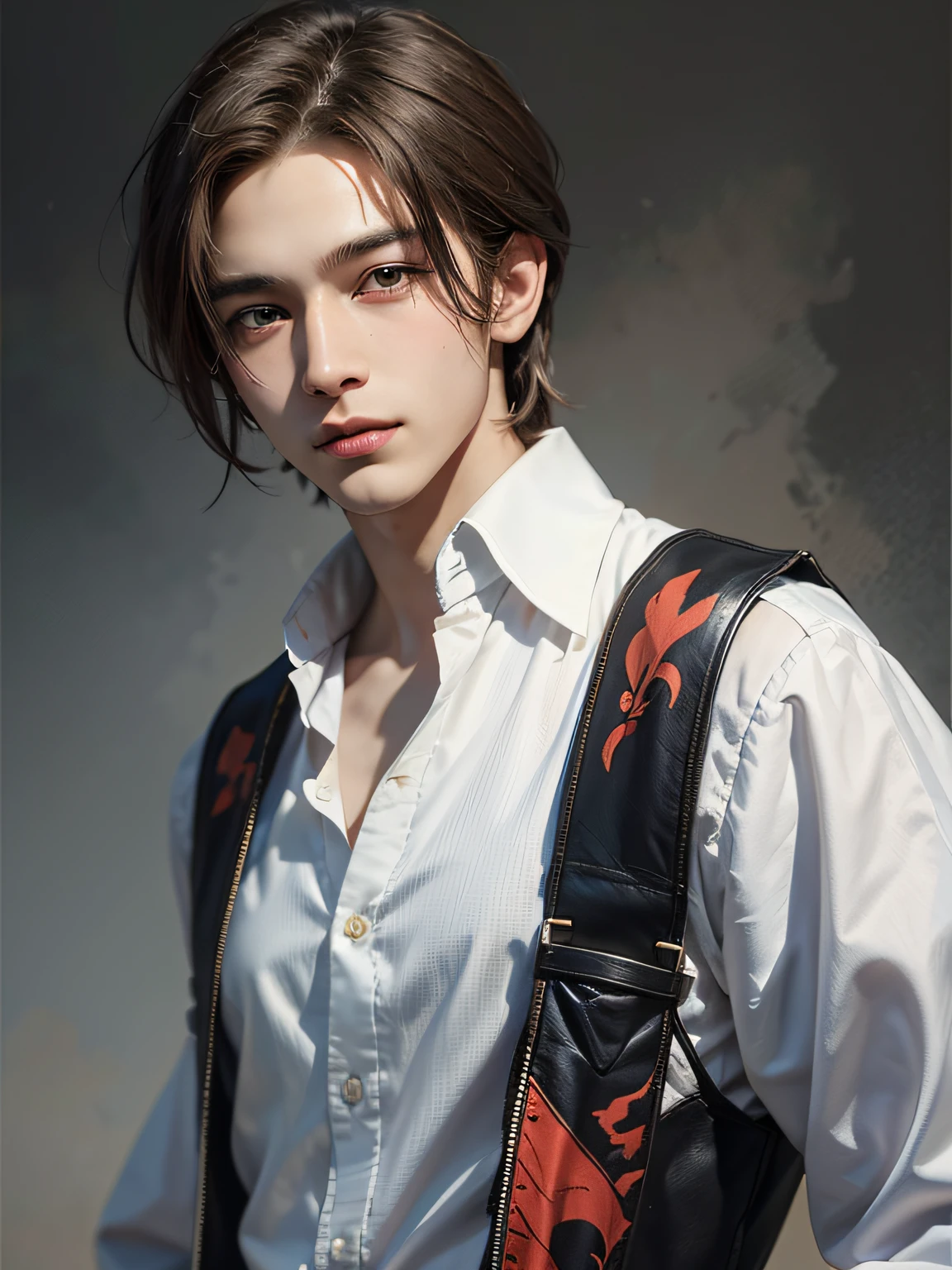 1boy, 17 years old, teenager, light brown hair, solo focus teenager face, white shirt, handsome, smiling, realistic, dynamic pose realistic, detailed and correct facial structure, LEON S. KENNEDY, handsome, extremely detailed, dynamic angle, cowboyshot, the most beautiful form, elegant, vivid colours, romanticism, by james jean, roby dwi antono, ross tran, francis bacon, michal mraz, adrian ghenie, petra cortright, gerhard richter, takato yamamoto, ashley wood, atmospheric