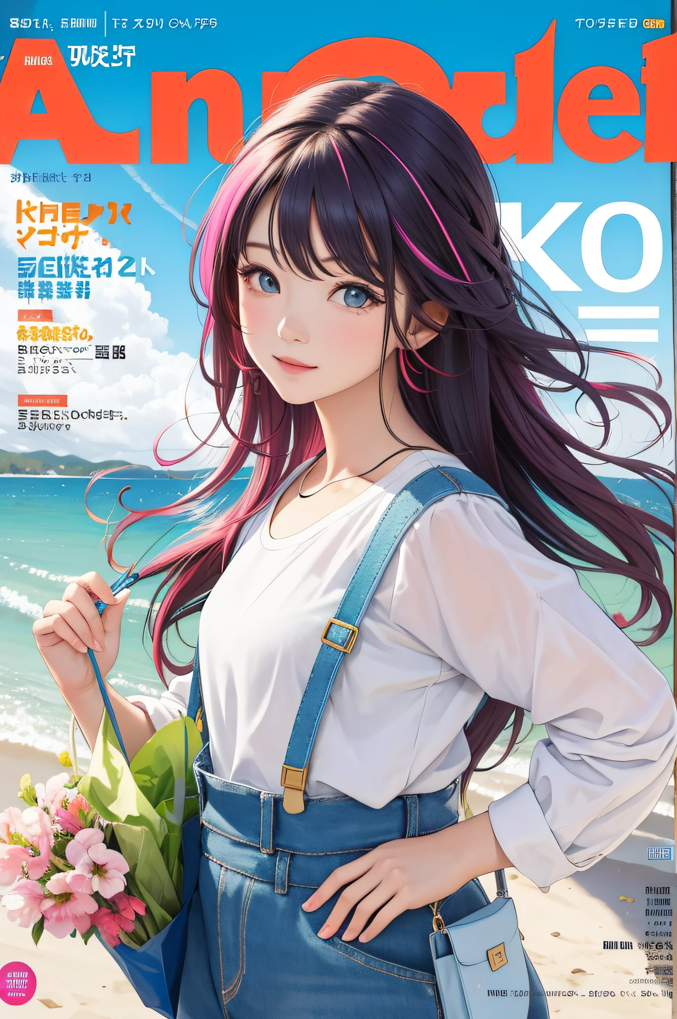 masterpiece, best quality, spring outfit, colorful hair, outdoor, magazine cover ,upper body,