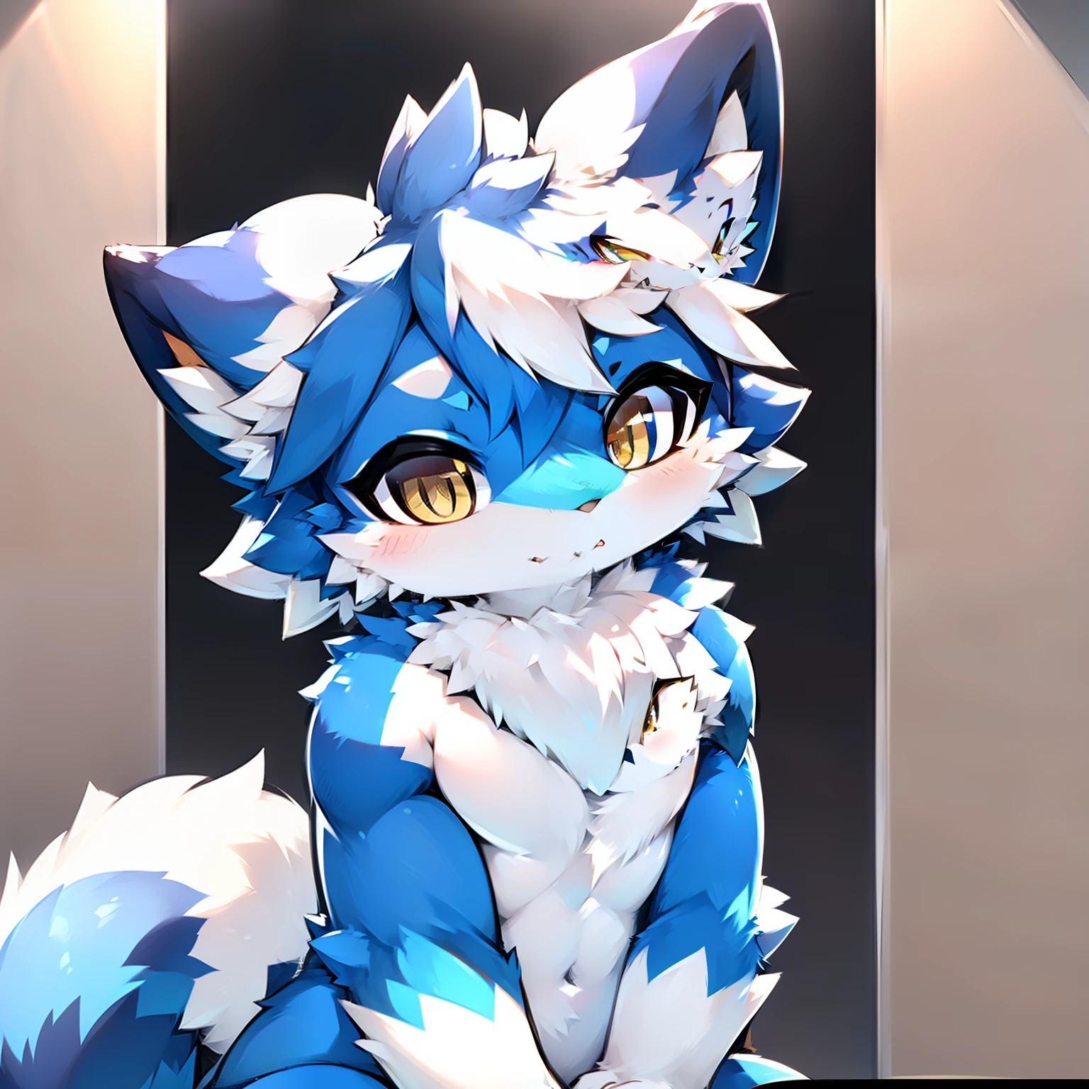 Blue furry whole body,Tail of a fish,yellow eyes,White hair,Yellow meat pad,Furry,There are two yellow and white gradient corners on the top of the head,The background is in the corner of the city