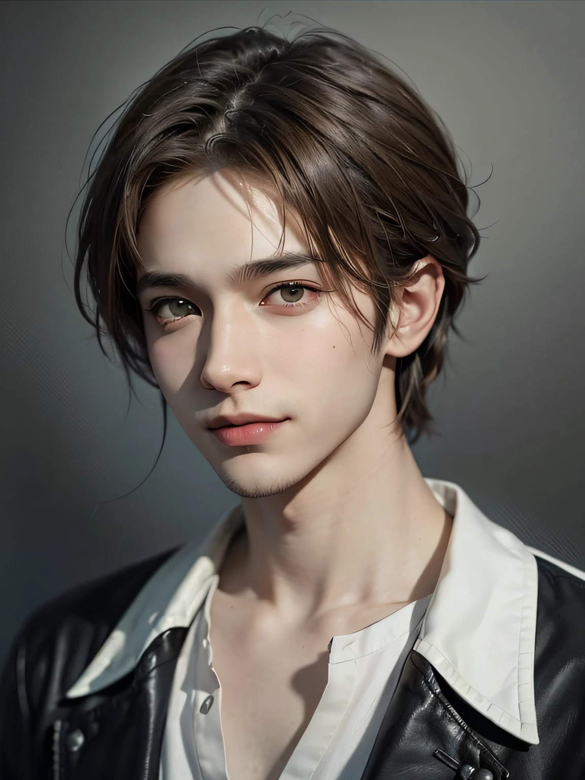 1boy, 17 years old, teenager, light brown hair, solo focus teenager face, white shirt, handsome, smiling, realistic, dynamic pose realistic, detailed and correct facial structure, LEON S. KENNEDY, handsome, extremely detailed, dynamic angle, cowboyshot, the most beautiful form, elegant, vivid colours, romanticism, by james jean, roby dwi antono, ross tran, francis bacon, michal mraz, adrian ghenie, petra cortright, gerhard richter, takato yamamoto, ashley wood, atmospheric
