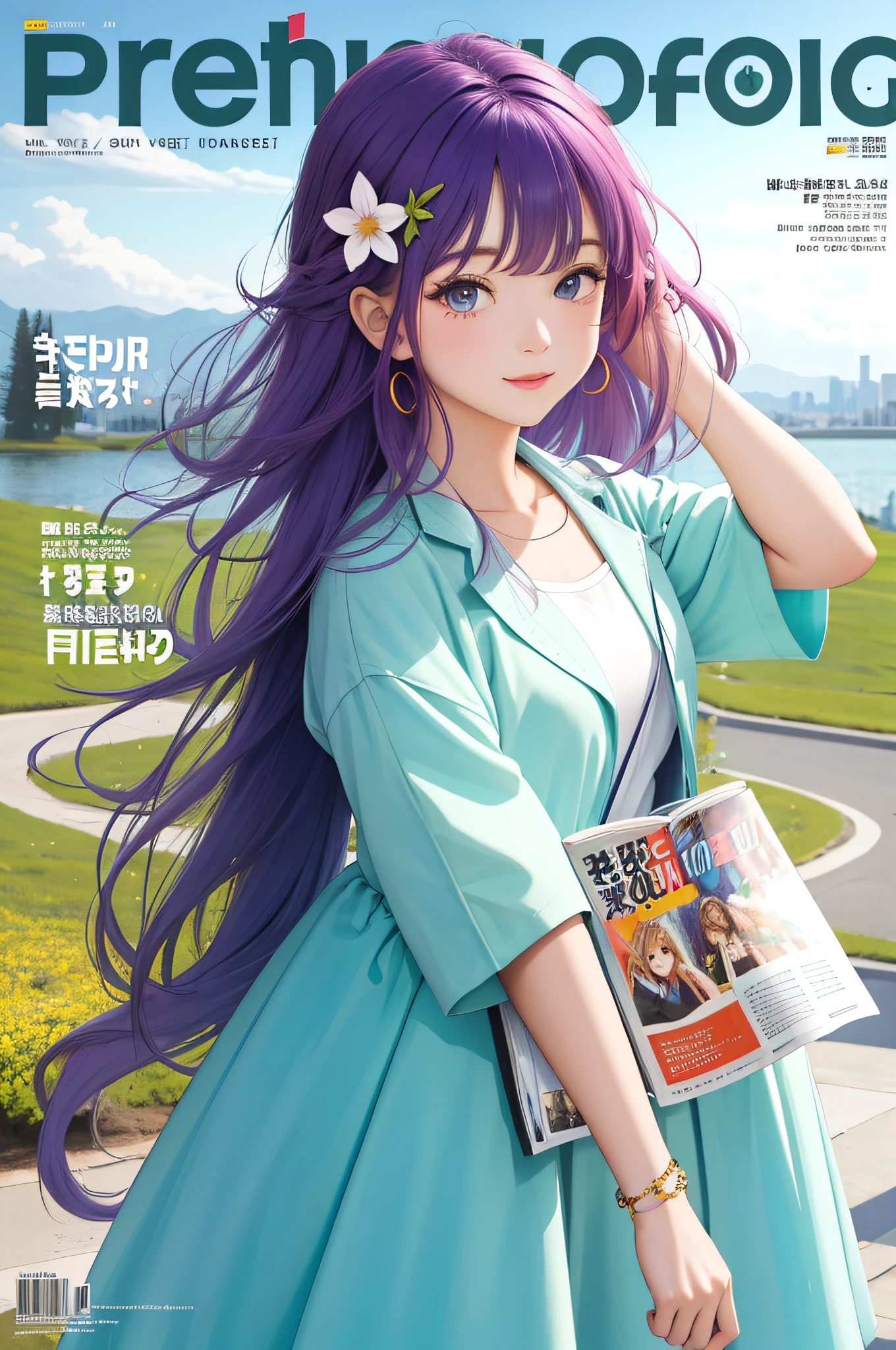 masterpiece, best quality, spring outfit, colorful hair, outdoor, magazine cover ,upper body,