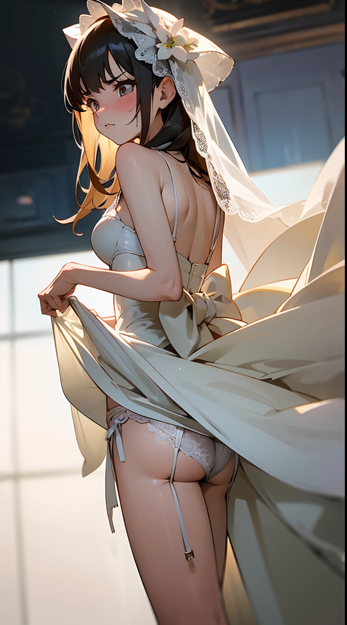 1girl, wedding dress, angry, full-face blush, dress lift, nsfw, white panties, garter straps,, detailed background, masterpiece, best quality,