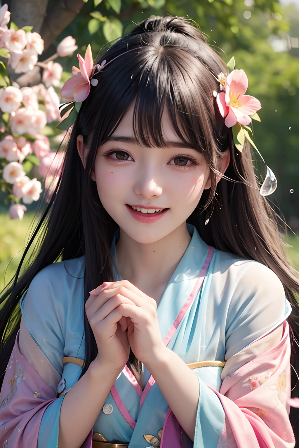 photoRealstic、Baby opens mouth and big smile、Water droplets on the cheeks、Flowing iridescent silk、up of face、Eye Up、There are flowers even in front of you、flower petals、season!!: 夏天☀ 🍂