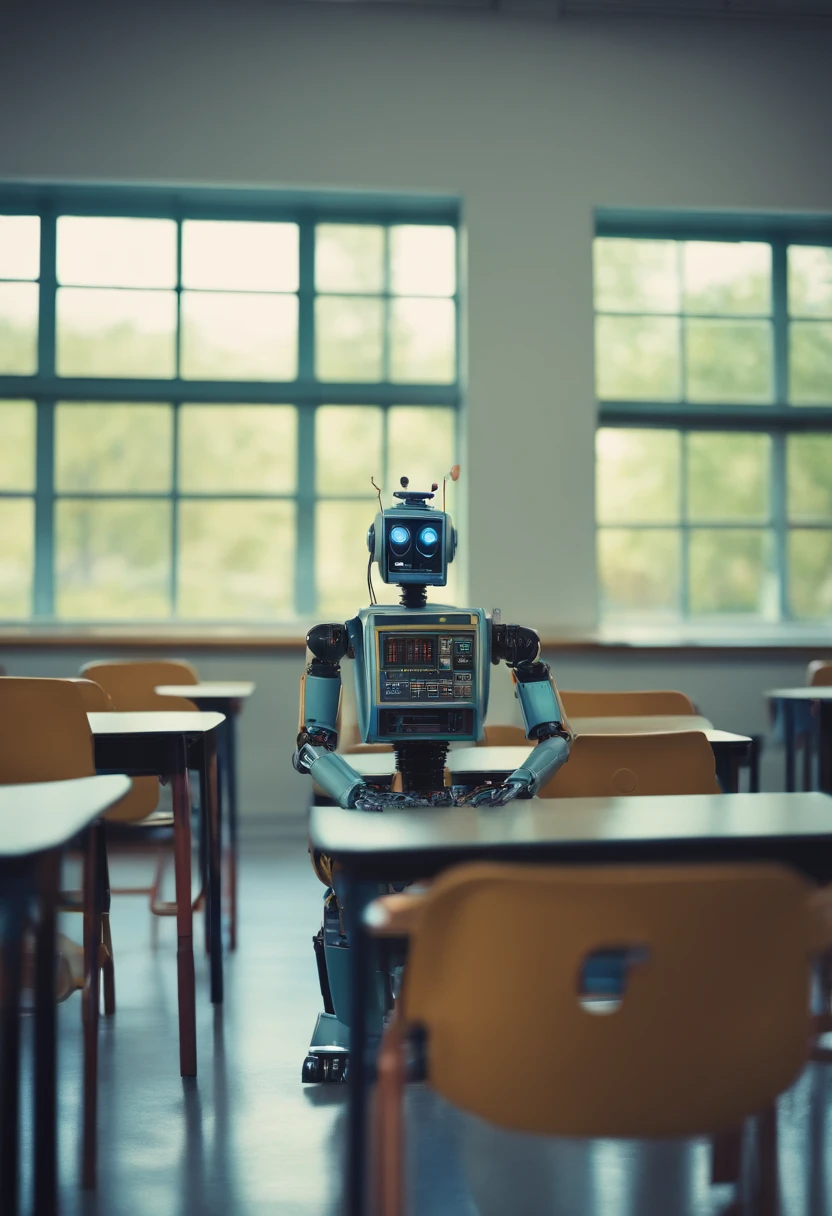 A robot sitting alone in a classroom