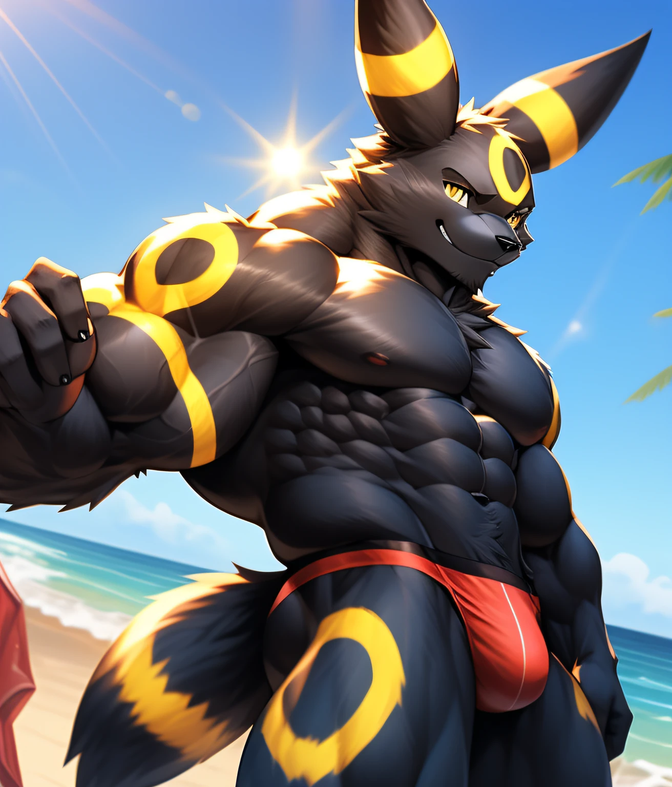 nj5furry, (umbreon, massive, huge), umbreon, ((extremely realistic shadows, masterpiece, extremely detailed, photorealistic)), kemono, umbreon, ((detailed face)) yellow eyes, ((detailed eyes)), mischievous smile, fur, wears a white tiny thong revealing huge muscular thighs; bulge in the crotch, beach, day, sun rays, sun, clouds, Height 2 meters high, the optimal height, tight clothing, body full of muscles; muscle pecs, ripped abs, V-shaped body, thick waist, long legs, strong arms manly, handsome face, attractive cool calm face type with a cold smile, bodybuilder body, topless.