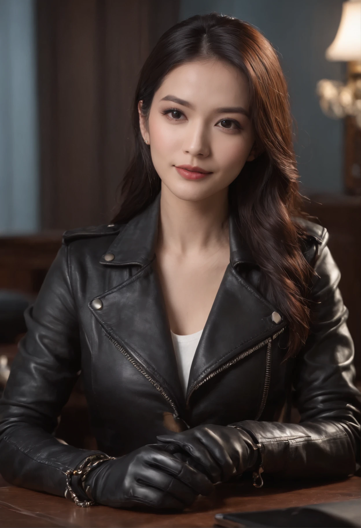 Wearing black leather gloves in both hands Upper body Black leather riders jacket Black leather skinny pants Black leather long boots Necklace on the chest Smiling at the desk in the modern study in the dark, long straight black hair Young Japanese woman (black leather gloves cover both hands) With the fingers of black leather gloves, sitting on a leather chair, working on the computer, staring at the screen
