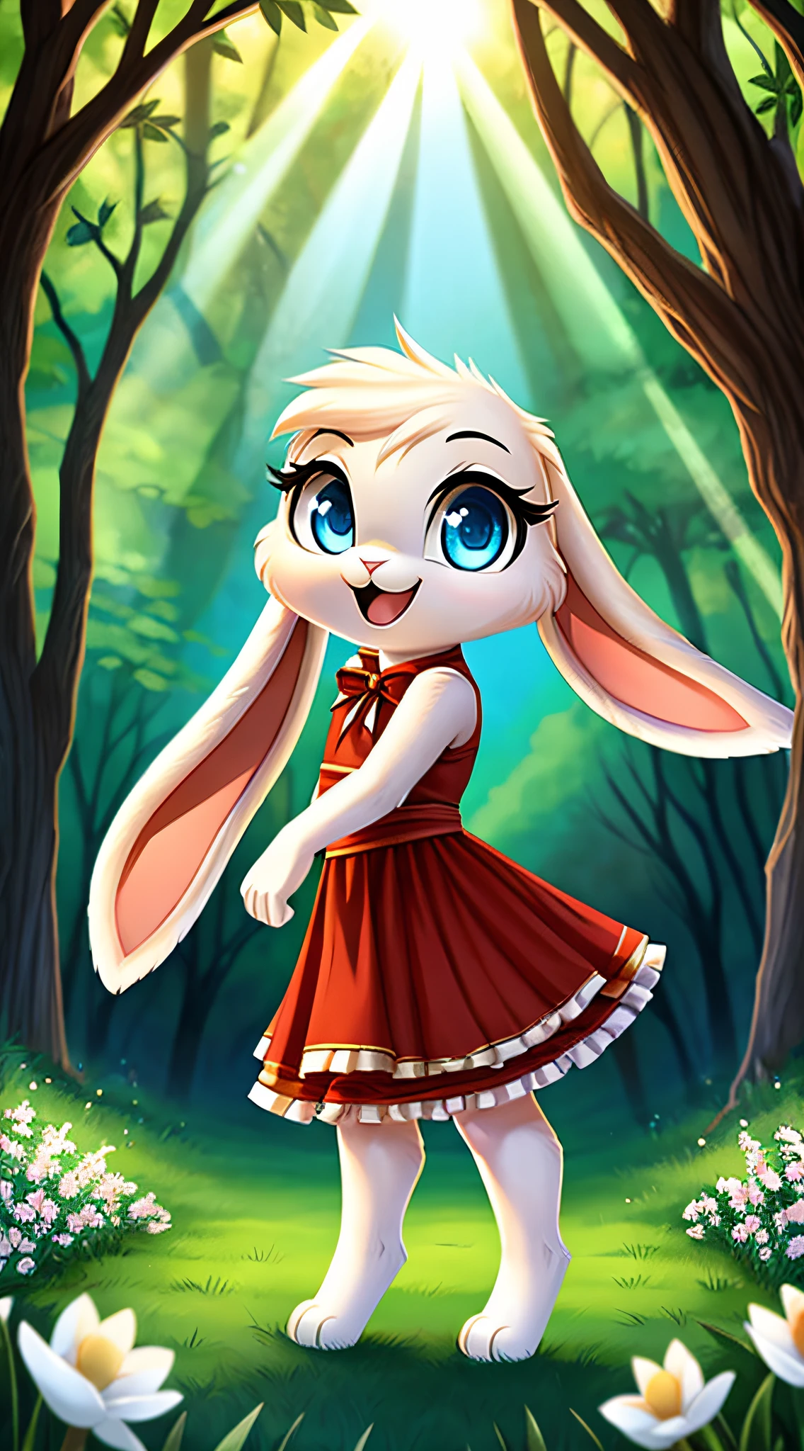 side view, zoomed out image, fantasy style art, cute, adorable, short character, small, tiny little fluffy female white bunny with blue eyes, 4 ears, 2 extra ears, big floppy ears, long ears, ears perked up, raised ears, long eyelashes, big poofy rabbit tail, wearing a red frilly ribbon dress, smiling, standing in a forest, big expressive smile, open mouth, wide eyes, excited eyes, excited face, stunning visuals, sunlight coming through the trees, white flowers scattered in the bushes, digital illustration