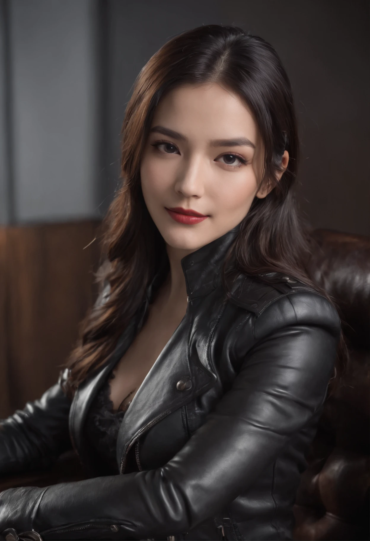 Wearing black leather gloves in both hands Upper body Black leather riders jacket Black leather skinny pants Black leather long boots Necklace on the chest Smiling at the desk in the modern study in the dark, long straight black hair Young Japanese woman (black leather gloves cover both hands) With the fingers of black leather gloves, sitting on a leather chair, working on the computer, staring at the screen