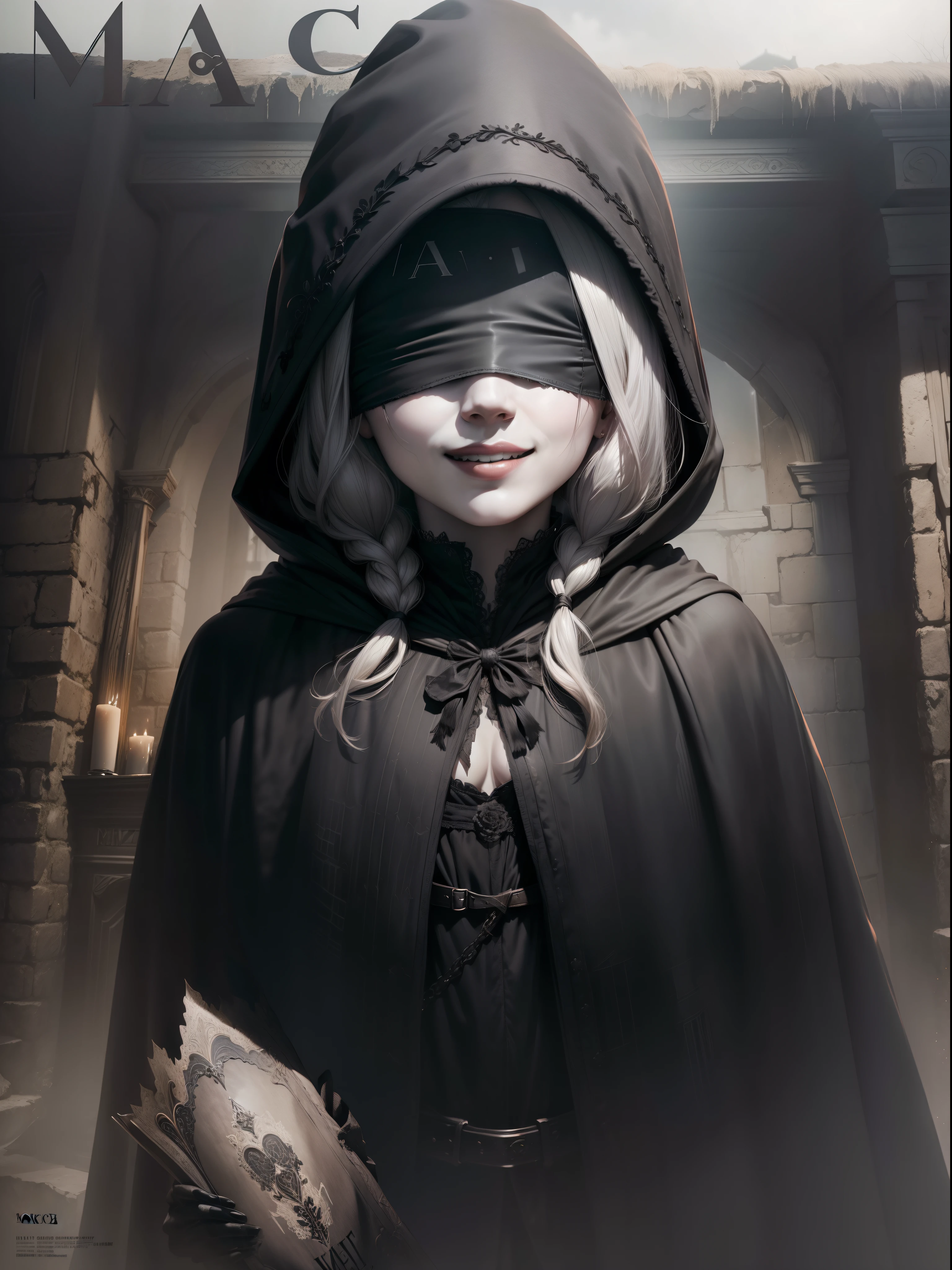 anime girl in black cape and hood holding a chain, dark fantasy style art, non-style artwork by guweiz, Dark fantasy portrait, painted in the style arcane, Dark Fantasy Illustration, fanart best art station, alexandra fomina artstation, BLACK VEIL, translucent blind mask, full body, 2b outfit, 2b nier dress, nier outfit