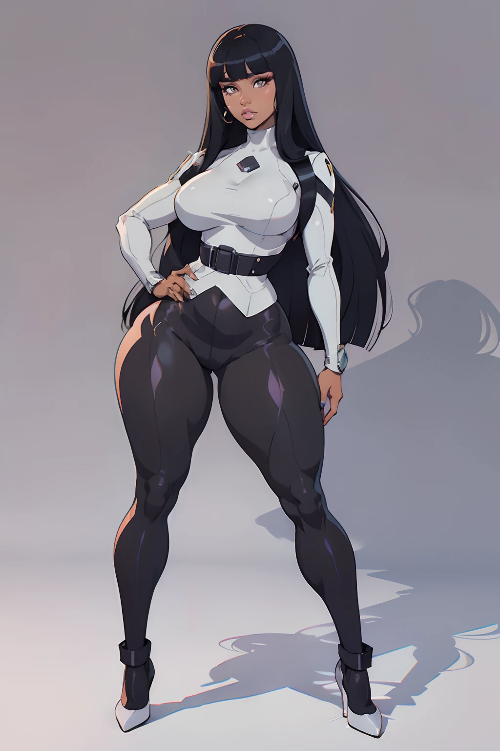 grey background, (nicki minaj), (fullbody), curvy, brown skin, long hair with bangs, makeup, super detailed, modern style, direct look, contoured