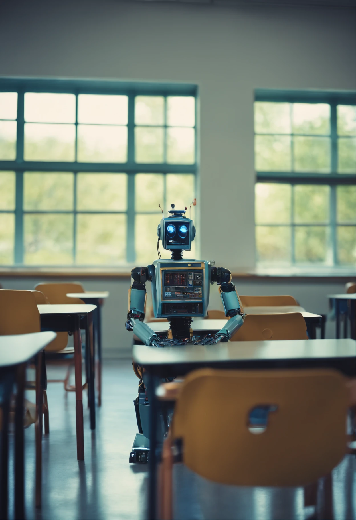 A robot sitting alone in a classroom