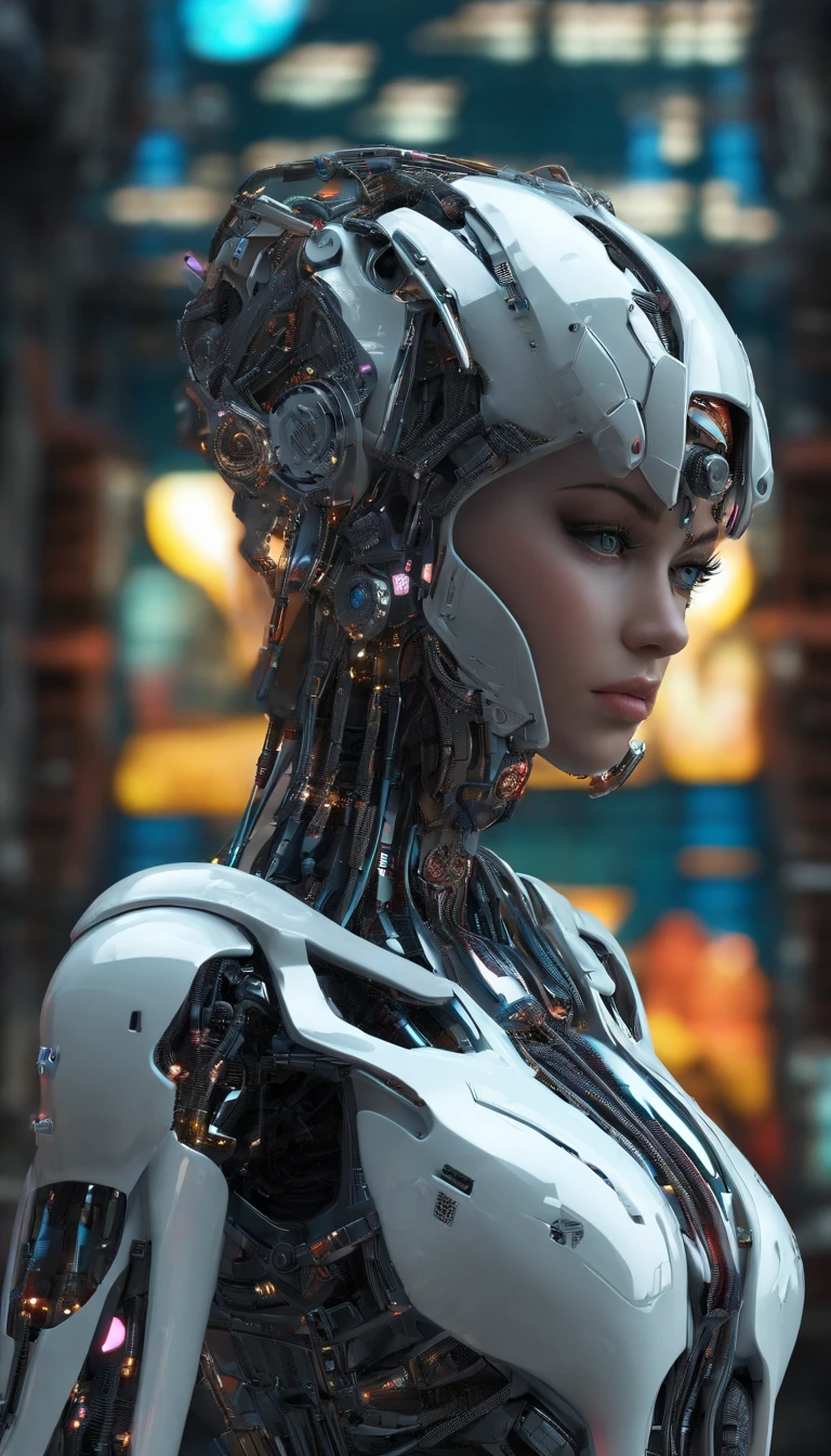 looking down on the camera,full body shot shot,Cyberpunk Style,She has six robotic arms,(Best quality,4K,A high resolution,Ultra-detailed:1.2),Vivid colors,Sharp focus,Physically-based rendering,Extreme detail description,professional,Mechanical transparent waist,Long white cascading hair,Perfect facial features,Incredible breasts hang in front of you, Unbelievably exaggerated big buttocks, Wide hips, Incredibly long muscular legs take up two-thirds of the body,Glamorous knitted heels,Unbelievable,Extremely detailed eyes and face,Long eyelashes, Confident and powerful facial expressions,Stand in the futuristic garden, vibrant setting, Colorful flowers and plants,Soft sunlight casts a warm glow on the spot.with perfect feet