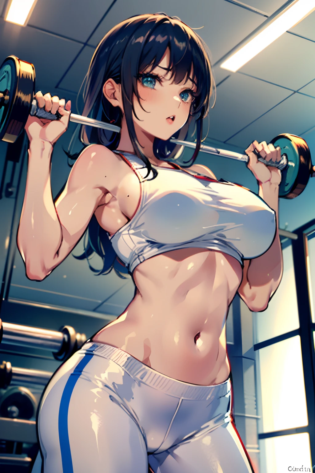 arafed asian woman in white pants and a tank tops, (matured woman, weight lifting:1.37, holding dumbbell:1.2), cottagecore!! fitness body, chun li at the gym, model with attractive body, japanese model, fitness girl, smooth body features, strong body, photo of slim girl model, in a gym, sporty physique, (ultra high resolution, 8K RAW photo, super photo realistics), textile shading, dynamic dutch angle, from below, BREAK, ((fine detailed eyes:1.2, fine detailed face:1.1)),