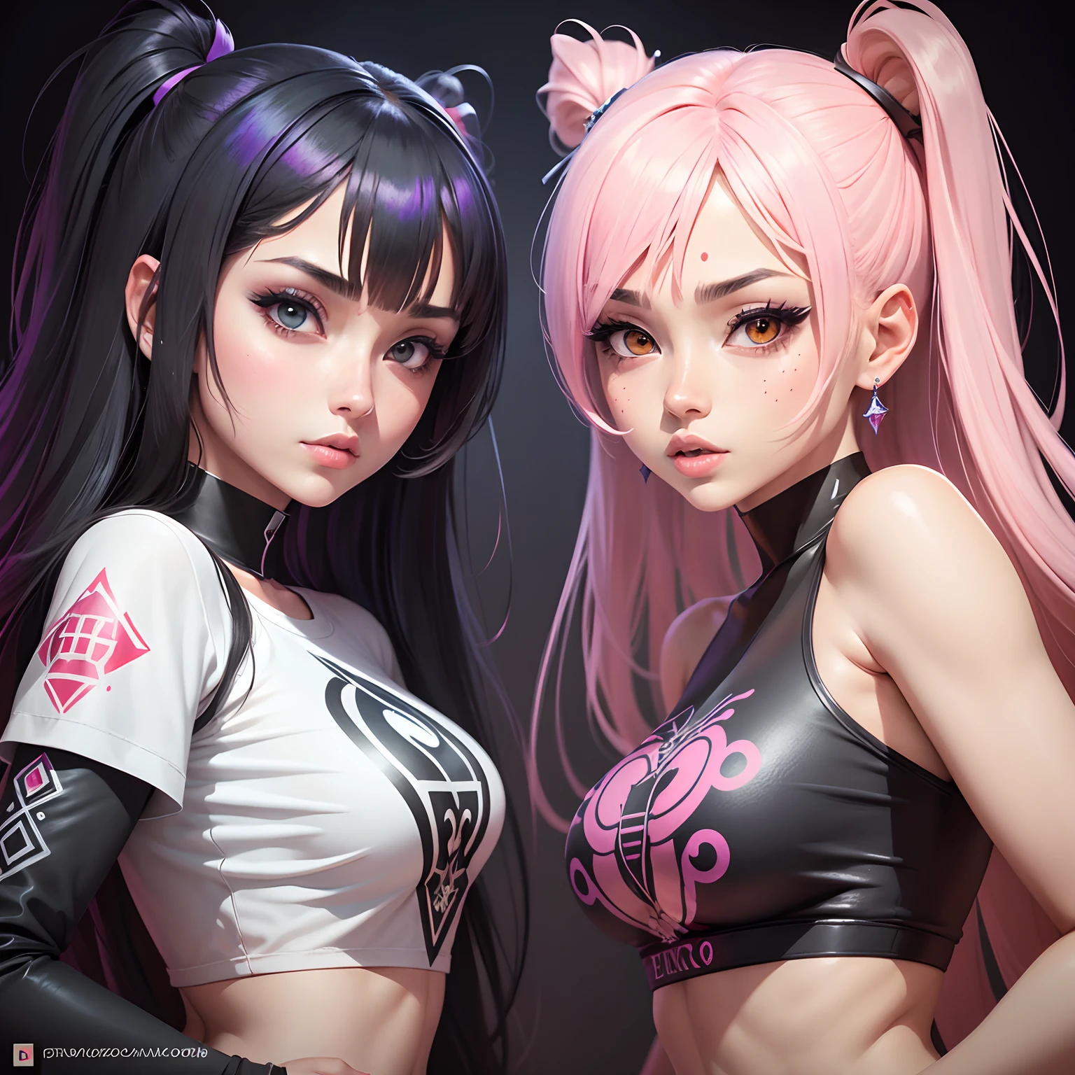 two women with long hair and purple hair are posing for a picture, artwork in the style of guweiz, anime styled 3d, realistic anime 3 d style, anime style. 8k, 3 d anime realistic, in the style of ross tran, loish and ross tran, anime style 4 k, two beautiful anime girls, realistic anime artstyle