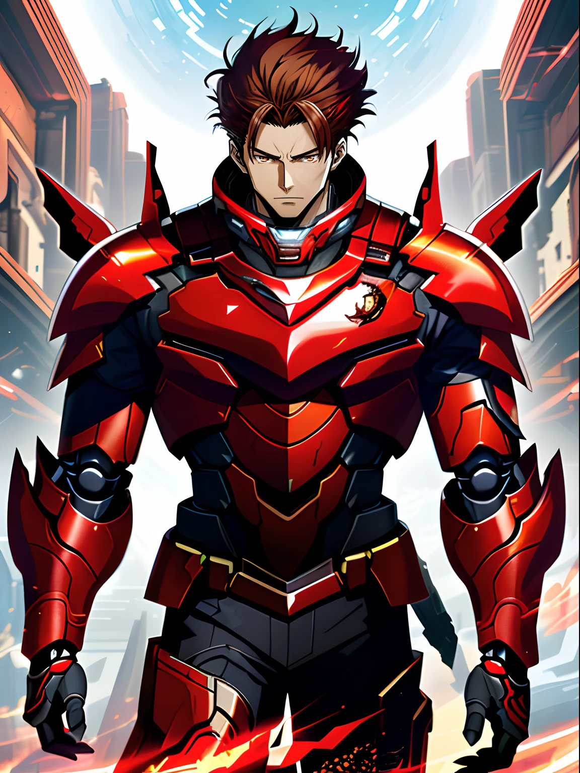 Male anime characters with brown hair and brown eyes wearing futuristic red tech armor, Red mechanical armor, official character art, offcial art,