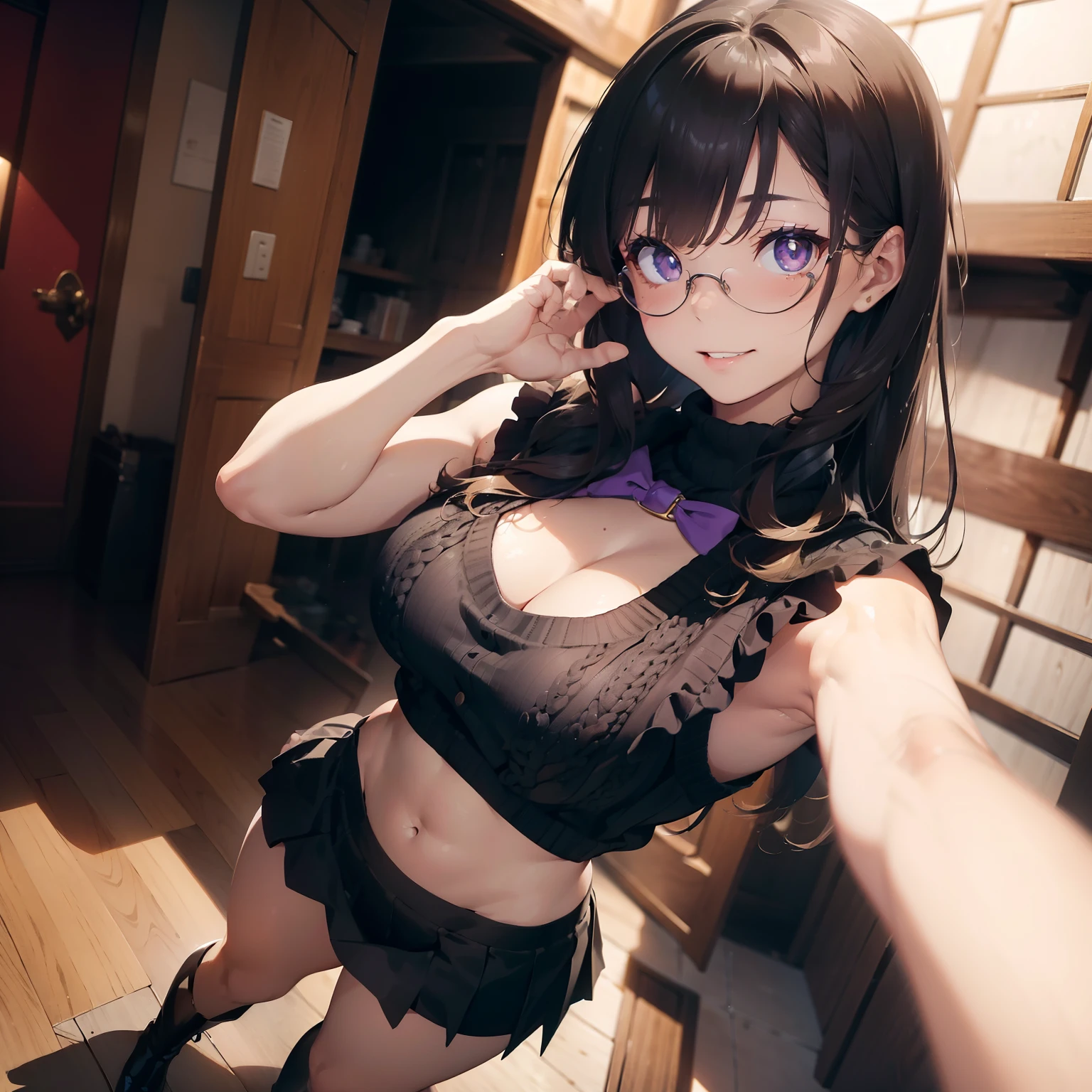 (masterpiece:1.3), high resolution, ultra detailed, extremely detailed CG unity 8k wallpaper, realistic, photo-realistic, RAW photo, beautiful detailed face, pale skin, realistic glistening skin, detailed cloth texture, detailed hair texture, Perfect body, Beautiful Face, accurate, Anatomically correct, Highly detailed face and skin texture, natural neck length, (beautiful hands), (fair skin:1.2), Thin legs, Thin feet,
BREAK,
Detailed eyes, symmetric eyes, Light Brown eyes, Double eyelids, Thin eyebrows, (Glossy lips:1.4), (gently smile:1.2),
BREAK,
(nsfw:1.2), (A Classy and Cute girl:1.3), (1 girl, one girl), ((wearing a Violet sleeveless keyhole neck midriff short sweater:1.3)), (White pleated mini skirt), (long boots), (wearing glasses:1.1),
(medium large breasts, slender figure, firm abs, firm breasts:1.2), beautiful clavicle,
(blonde hair, wavy hair, long hair:1.3), ((asymmetrical bangs:1.2)),
BREAK,
((Standing with Selfie pose in the her Luxury house in Japan:1.3)), (looking up at viewer:1.2), ((Focus on face:1.2)), (Full body shot:1.2),