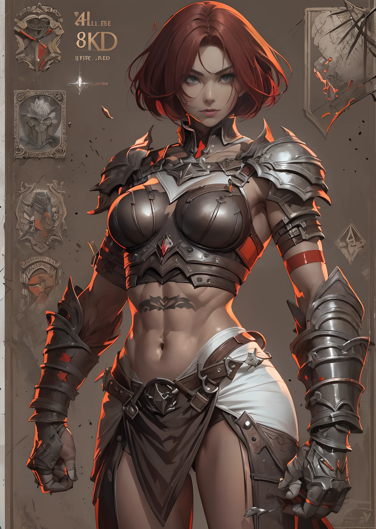 (((of the highest quality: 1.4))),(unparalleled masterpiece ever), (Ultra high definition),(Ultra realistic 8K CG), (((adult body))), (((1girl in))), ((( Bob Shorthair ))), Gladiators with perfect bodies,,Beautiful and well-groomed face,muscular body:1.4,Detailed breastplate, gauntlets、is standing, (Image from head to thigh),(( Red Bob Shorthair )),, Simon Bisley's urban savage style,Detailed ancient Roman background,Clean abs, Complex equipment, Dark brown with white stars and gray and white stripes,,,s Armor, Poison tattoo