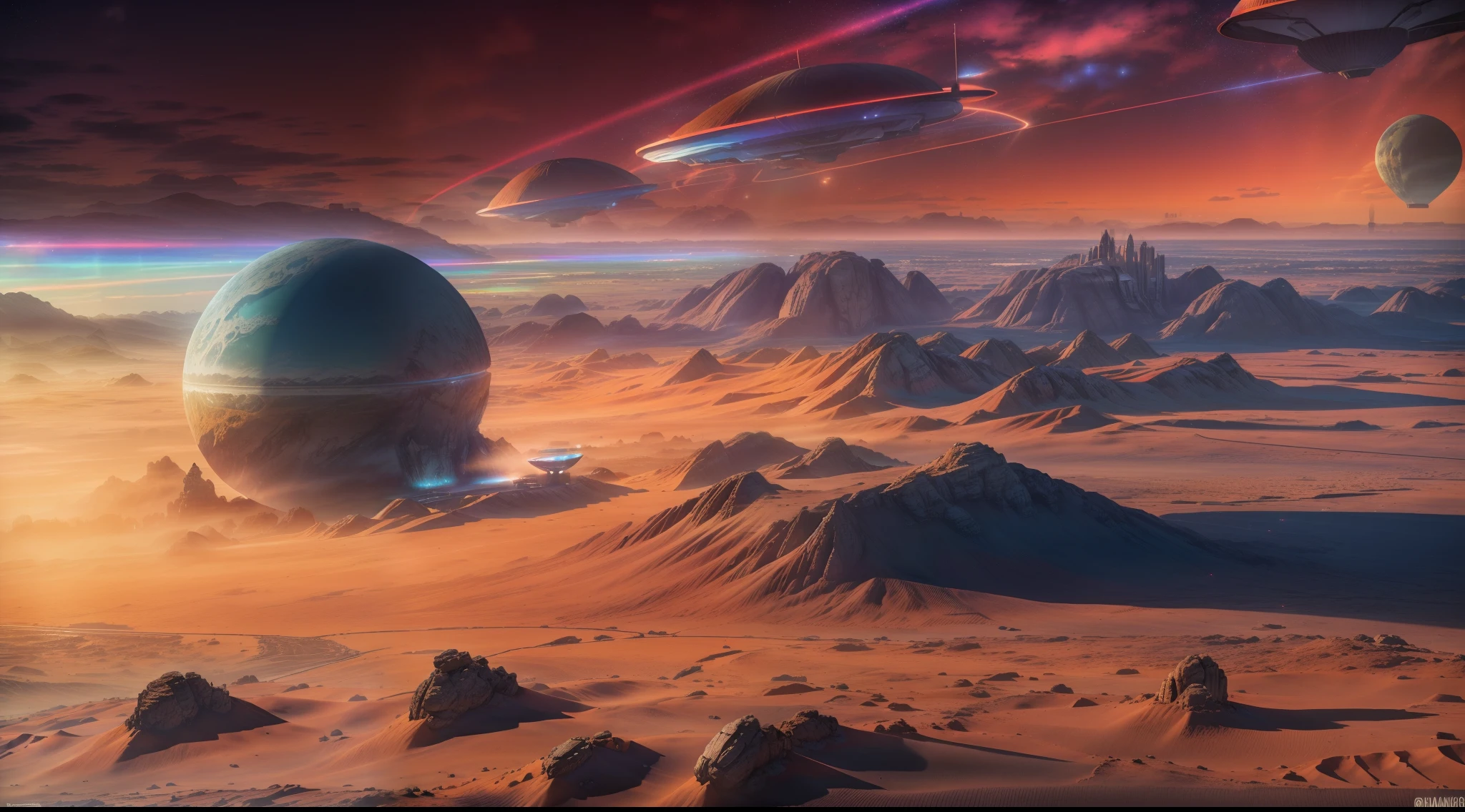 Uma foto de paisagem ampla, pan, (vista de longe, The sky is above and the open field is below), in the distance a large futuristic city on Mars, cidade cyberpunk, Spaceships fly over the city, (lua cheia: 1,2), dim sky, noite escura estrelada, (meteoro: 0,9), (nebulosa: 1,3 ), montanhas distantes , dunas de areia, (Luz Quente: 1.2), (estrelas: 1.2), Luzes, Muito Roxo e Laranja, Detalhes Intrincados, volumetric lighting BREAK (Obra-prima: 1.2), (Melhor Qualidade), (papel de parede 8k extremamente detalhado), foto realismo, octane render, NVIDIA ray tracing, 4k, Ultra Detalhado, (dynamic compositing: 1.4), Rico em Detalhes e Cor, (rainbow color: 1.2), (Brilho, Atmospheric Illumination), Sonhador, magica.