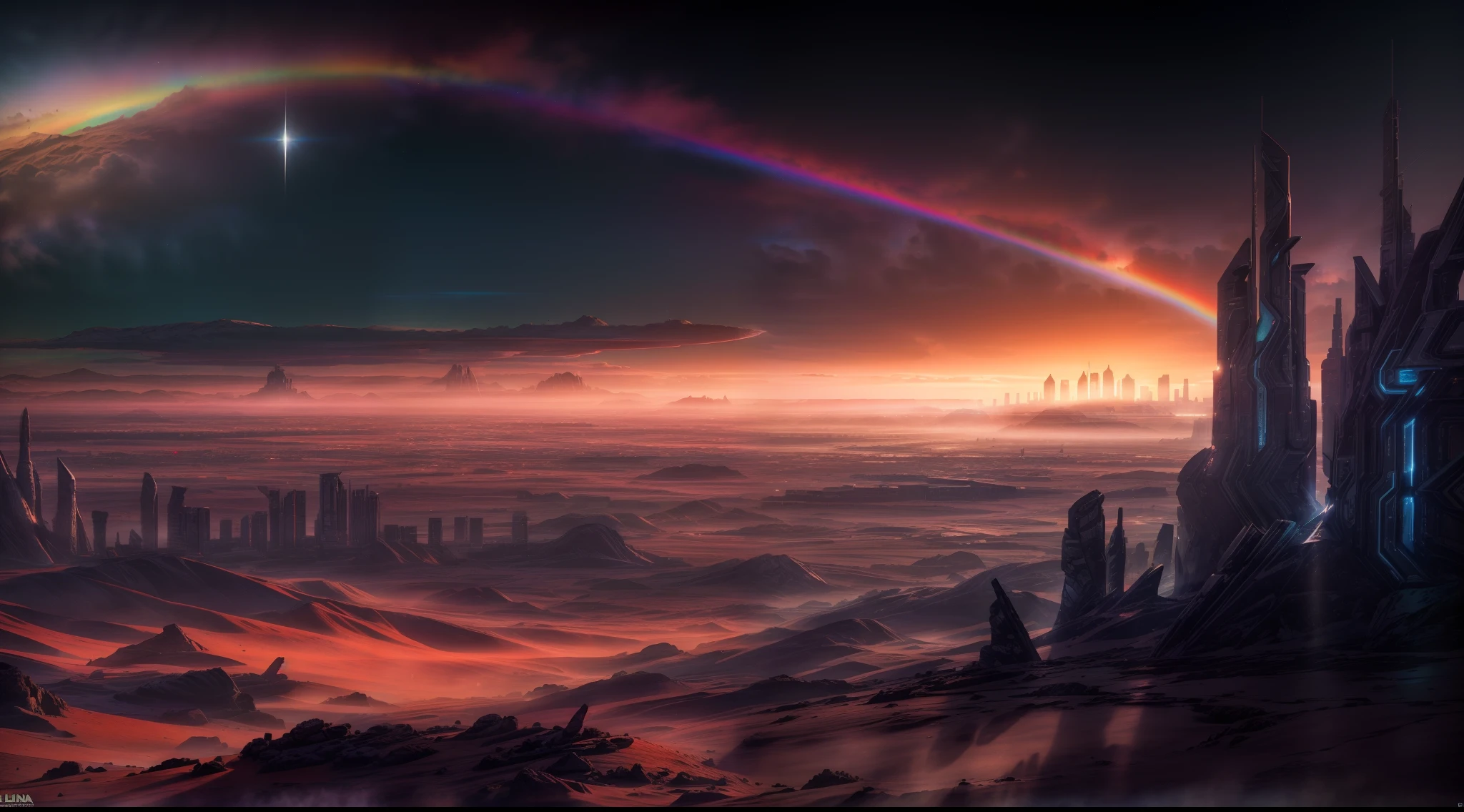 Uma foto de paisagem ampla, pan, (vista de longe, The sky is above and the open field is below), in the distance a large futuristic city on Mars, cidade cyberpunk, Spaceships fly over the city, (lua cheia: 1,2), dim sky, noite escura estrelada, (meteoro: 0,9), (nebulosa: 1,3 ), montanhas distantes , dunas de areia, (Luz Quente: 1.2), (estrelas: 1.2), Luzes, Muito Roxo e Laranja, Detalhes Intrincados, volumetric lighting BREAK (Obra-prima: 1.2), (Melhor Qualidade), (papel de parede 8k extremamente detalhado), foto realismo, octane render, NVIDIA ray tracing, 4k, Ultra Detalhado, (dynamic compositing: 1.4), Rico em Detalhes e Cor, (rainbow color: 1.2), (Brilho, Atmospheric Illumination), Sonhador, magica.