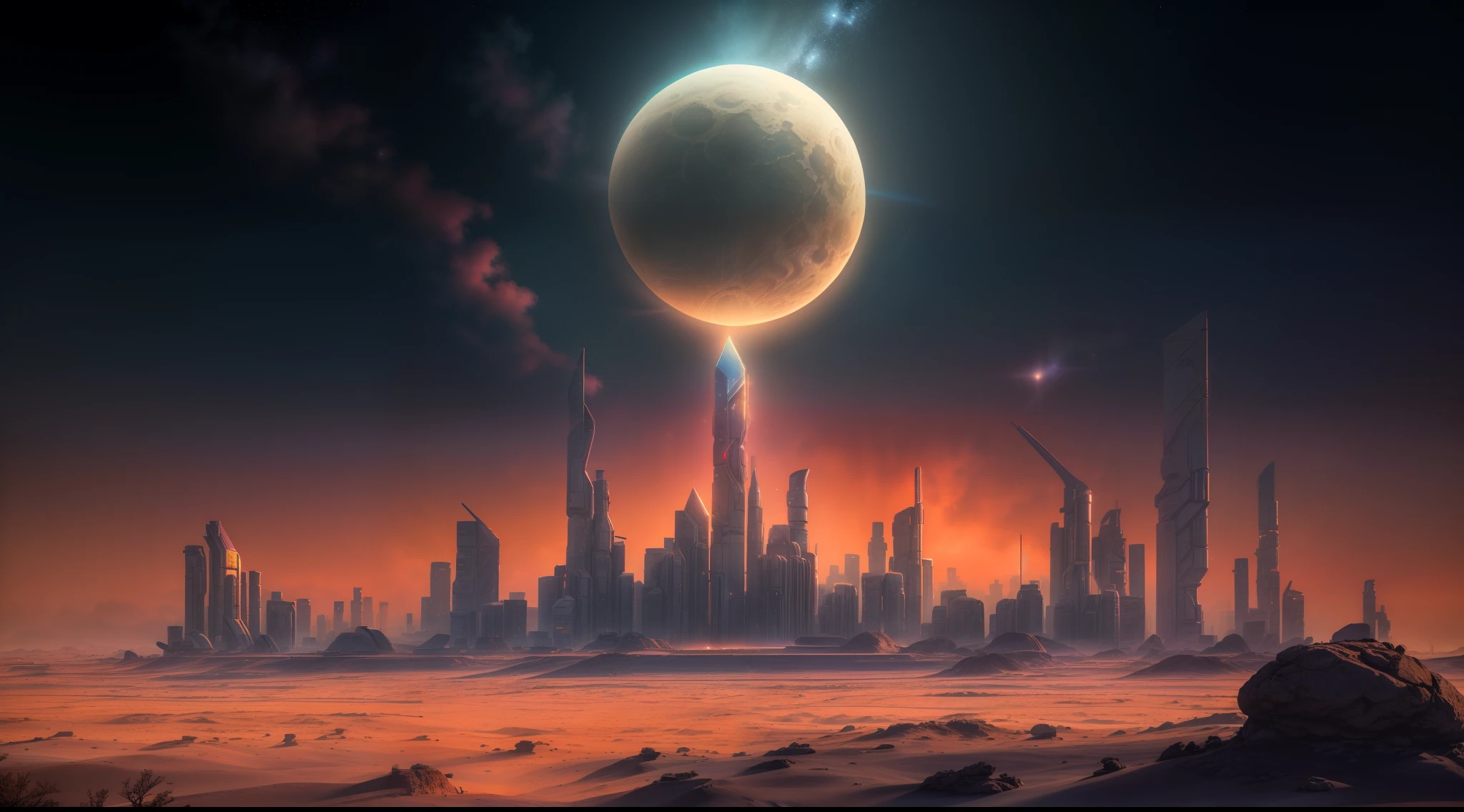 Uma foto de paisagem ampla, pan, (vista de longe, The sky is above and the open field is below), in the distance a large futuristic city on Mars, cidade cyberpunk, Spaceships fly over the city, (lua cheia: 1,2), dim sky, noite escura estrelada, (meteoro: 0,9), (nebulosa: 1,3 ), montanhas distantes , dunas de areia, (Luz Quente: 1.2), (estrelas: 1.2), Luzes, Muito Roxo e Laranja, Detalhes Intrincados, volumetric lighting BREAK (Obra-prima: 1.2), (Melhor Qualidade), (papel de parede 8k extremamente detalhado), foto realismo, octane render, NVIDIA ray tracing, 4k, Ultra Detalhado, (dynamic compositing: 1.4), Rico em Detalhes e Cor, (rainbow color: 1.2), (Brilho, Atmospheric Illumination), Sonhador, magica.