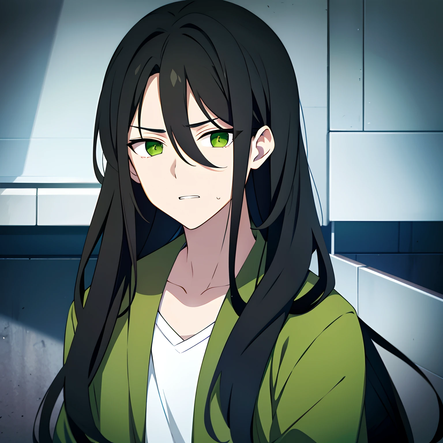 Long black hair,Boy with green eyes,The expression is cold