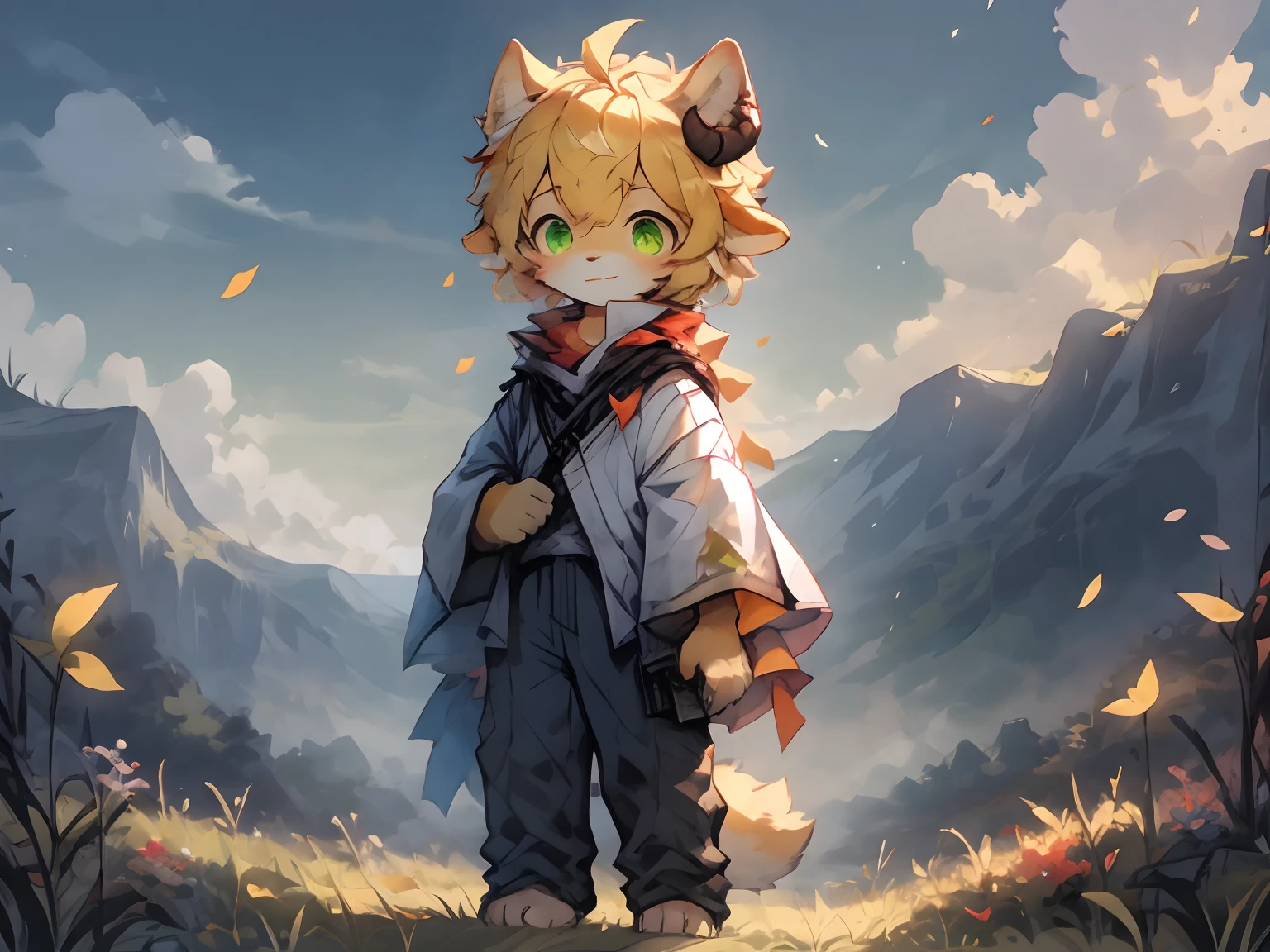 （Yellow color hair，toddlers green eyes，golden fox，mascle）deer's horn，adolable， standing on your feet， Master masterpieces， A high resolution，8K，detailedbackground，high high quality，独奏，shorter pants，grassy fields，white blossoms，falling leaf，​​clouds，setting sun，Shy，wide wide shot，（独奏，solo person）