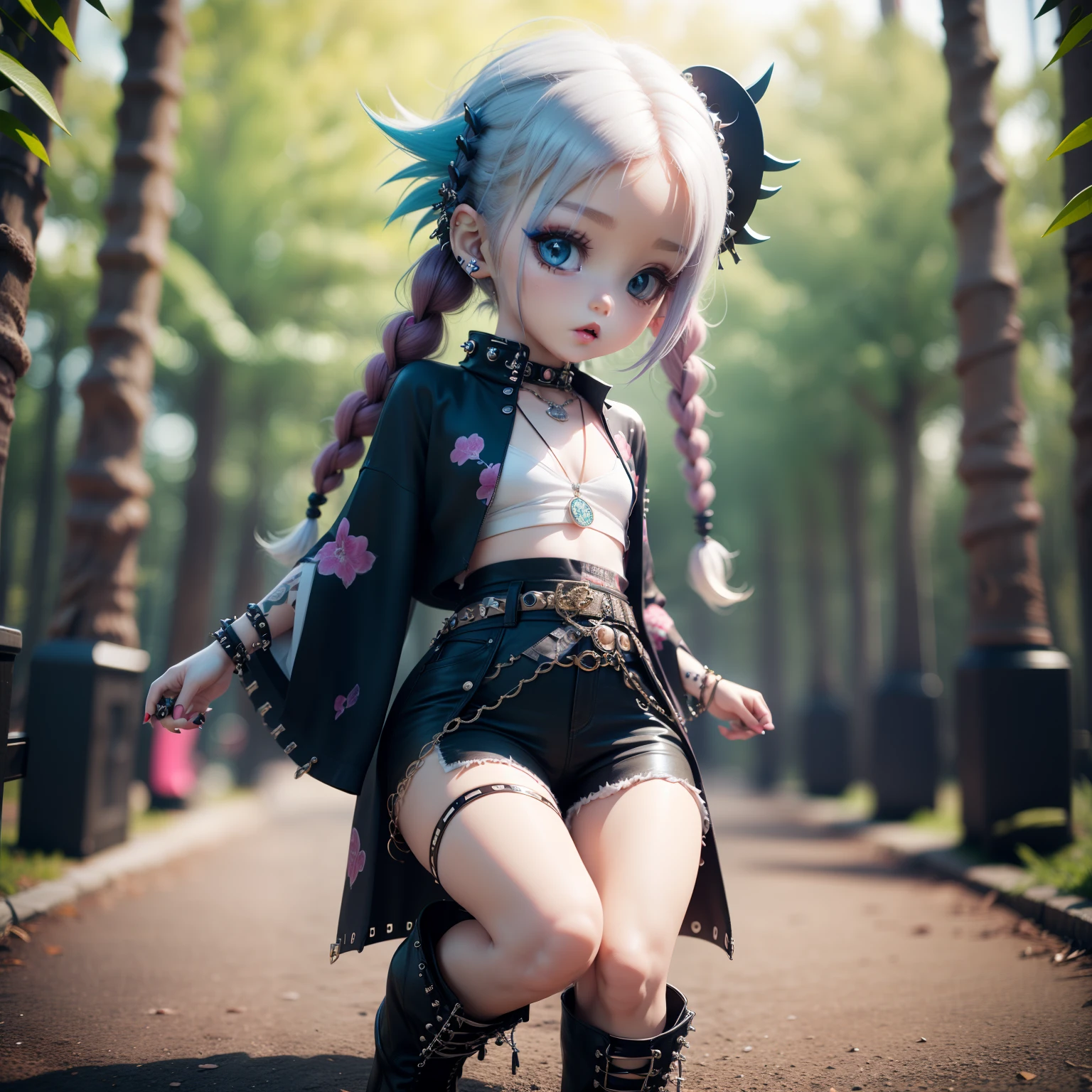 Cute Baby Chibi Anime,(((Chibi 3D))) (Best Quality) (Master Price)、Innovative Jewelry Decoration Costume Funa Kimono、long hair with pale blue braids、(punk fashion:1.6)Amiage Boots、Fairytale Forest Concert
