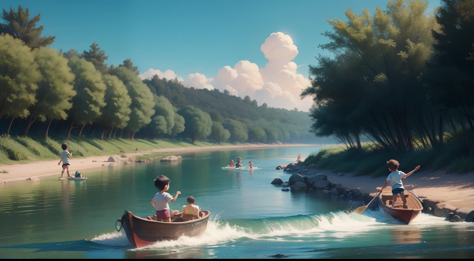 Children playing in a river, pixar disney cartoon style