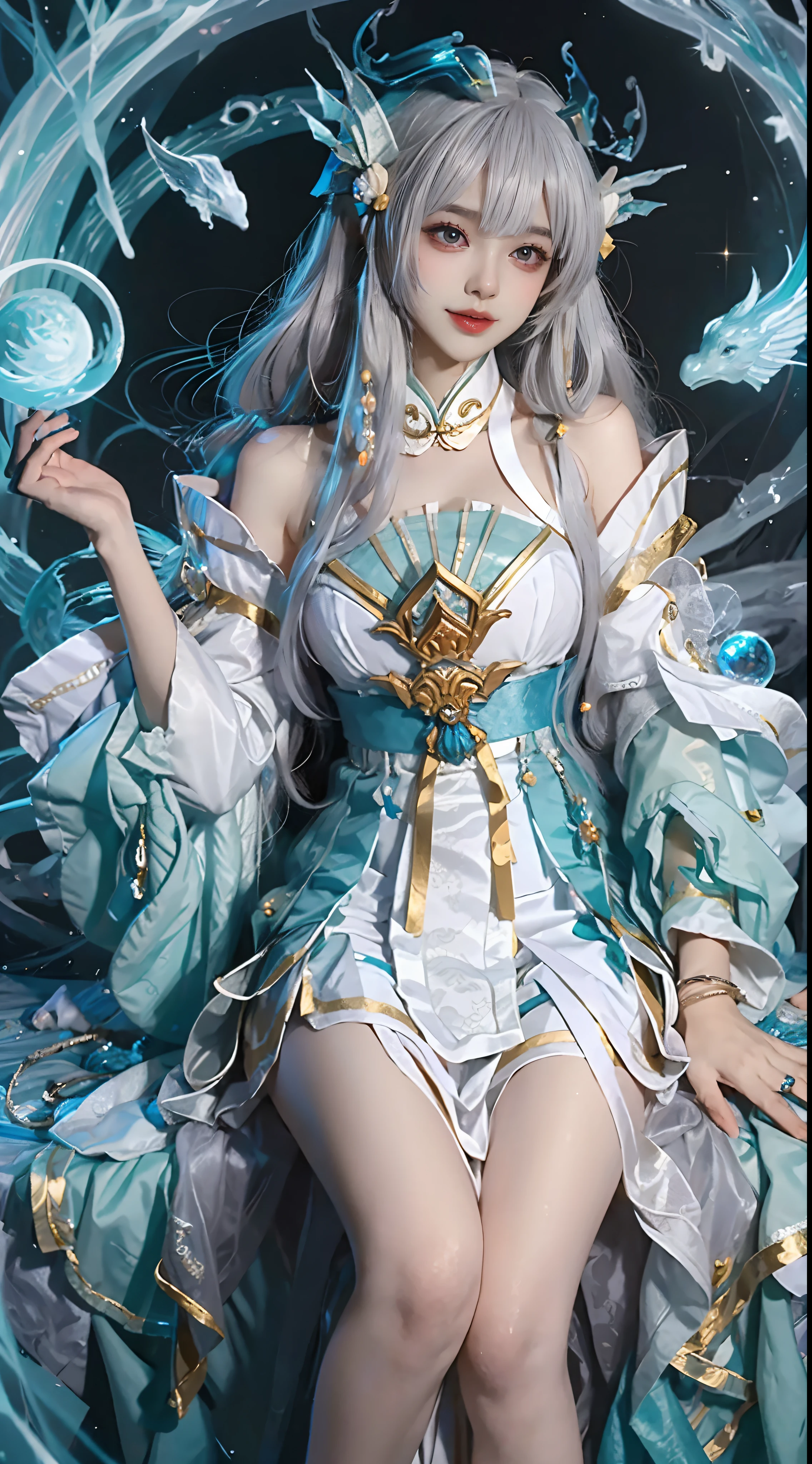 Close-up of a woman in costume on stage,full-body xianxia,Beautiful celestial mage,Amazing young ethereal characters,a beautiful fantasy empress,astral witch clothes,shaxi,A flowing magic robe,White Hanfu,xianxia fantasy,Beauty Delfin,Ethereal fantasy,Elegant and charming cosplay,heise jinyao,Sit underground,Feminine and colorful,It's tumultuous,Pregnant belly, One-piece tights, cabelos preto e longos, Large breasts, Raised sexy, Charming eyes, ssmile, style of anime, 8K, Super detail, of the highest quality