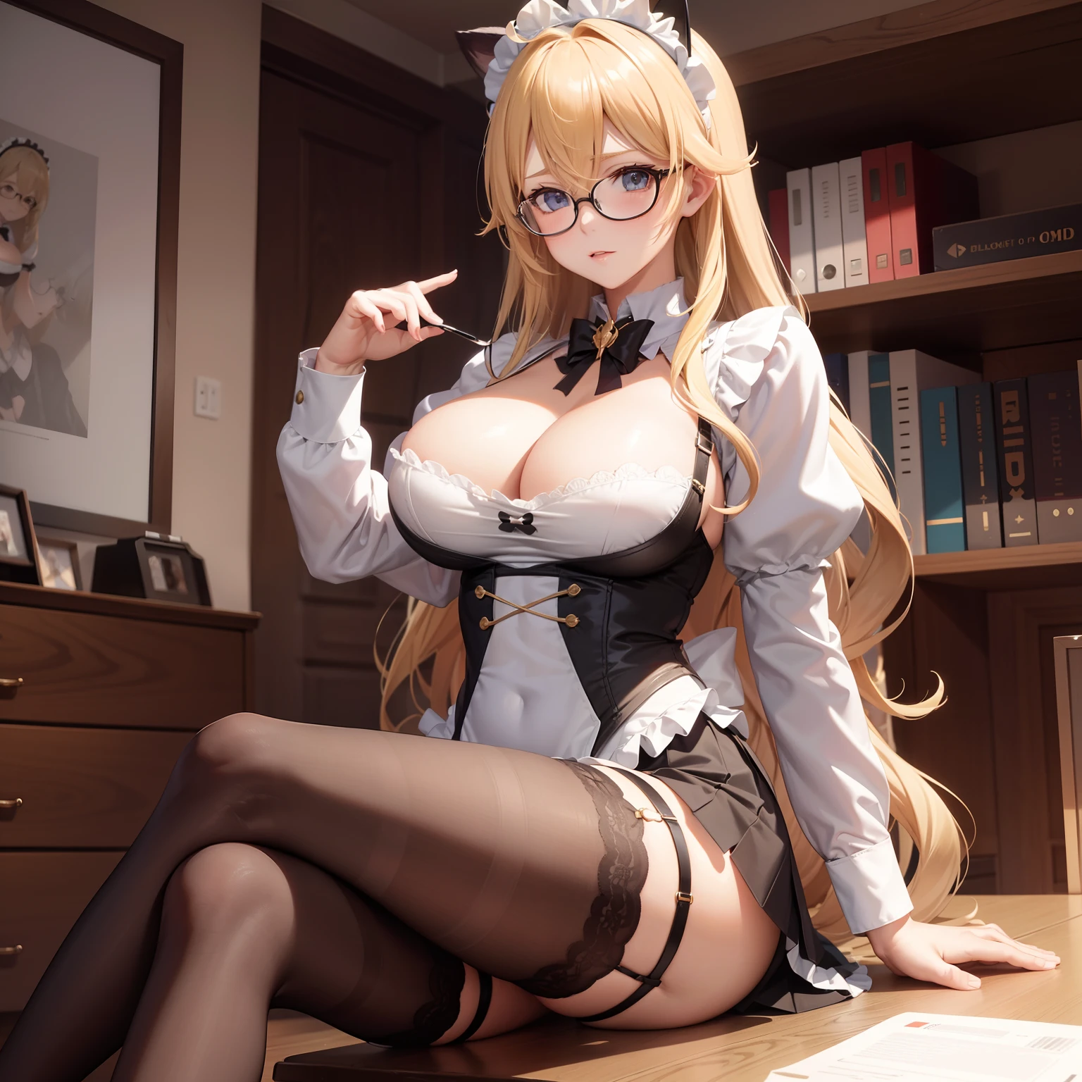 anime girl, 1 person, blonde hair, glasses, Crown,maid,cat ear, front view, big breasts, tights, sitting on desk,exposed chest, underwear, maid suit, shy, blushing, lifting skirt , bright sky, sitting cross-legged, high heels,exposed chest, underwear, middle-aged women, blushing, lifting skirt, showing off underwear, (full HD 4K+ image