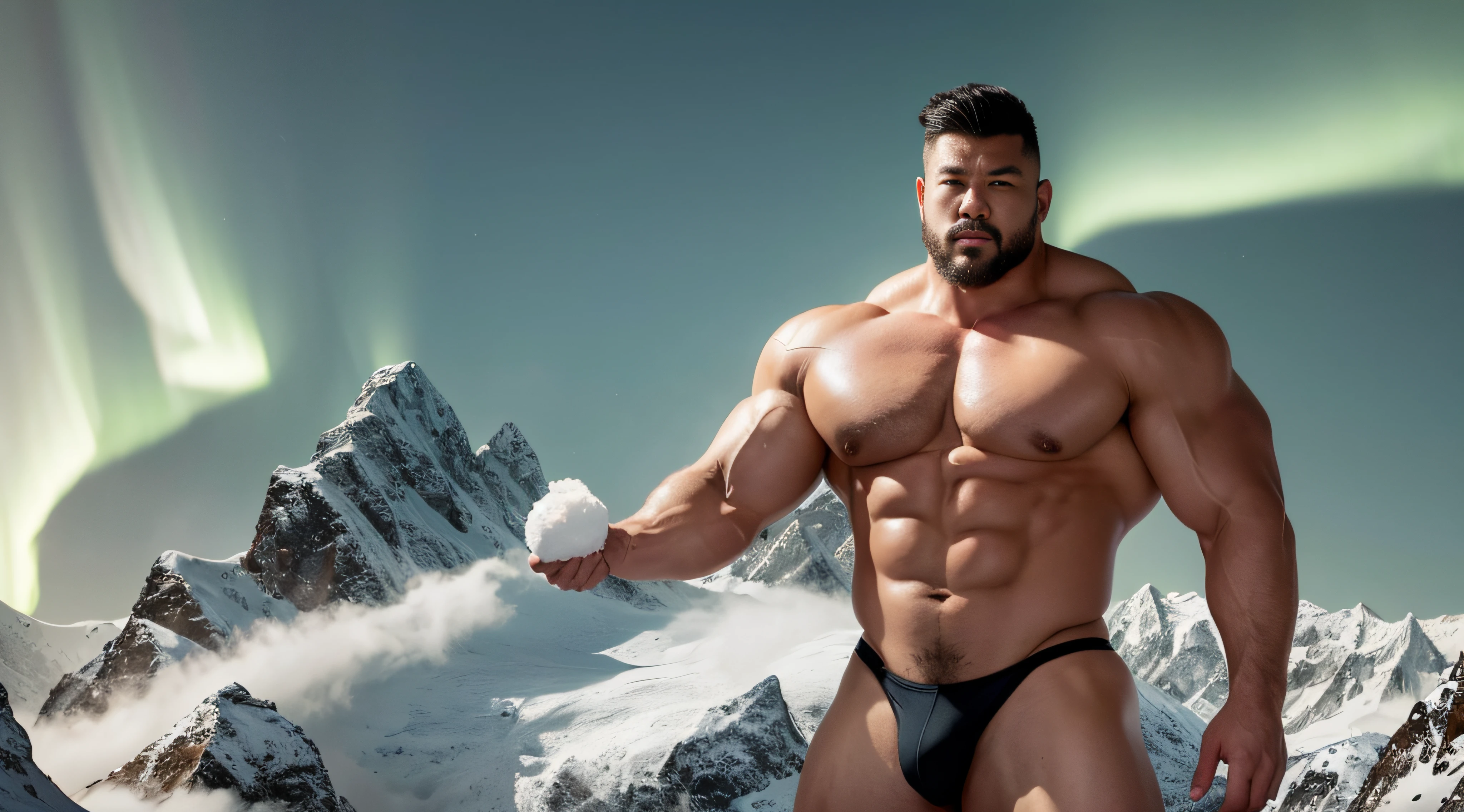 (Extremely detailed 8k wallpaper), A strong Chinese man in a white thong stands alone on a snowy mountain,There are beautiful auroras,High detail, short detailed hair,Short beard perfect figure with tattoos, Very huge and strong body, Bulging muscles, musculous, Very large pectoral muscles,Very sexy abs,The legs are muscular,Tall and mighty,Exposed Body,Tall and burly,toned figure,Huge genital bulging area,Brightens oily skin,Muscular。