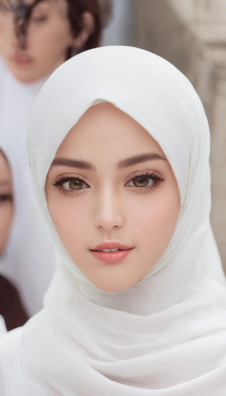 1 Girl, Beautiful, Russian Baby Face, 28 Years Old, White Skin, White Hijab Gamis Muslim Outfit, Big Chest, looking to the camera, mosque Background, Wind))