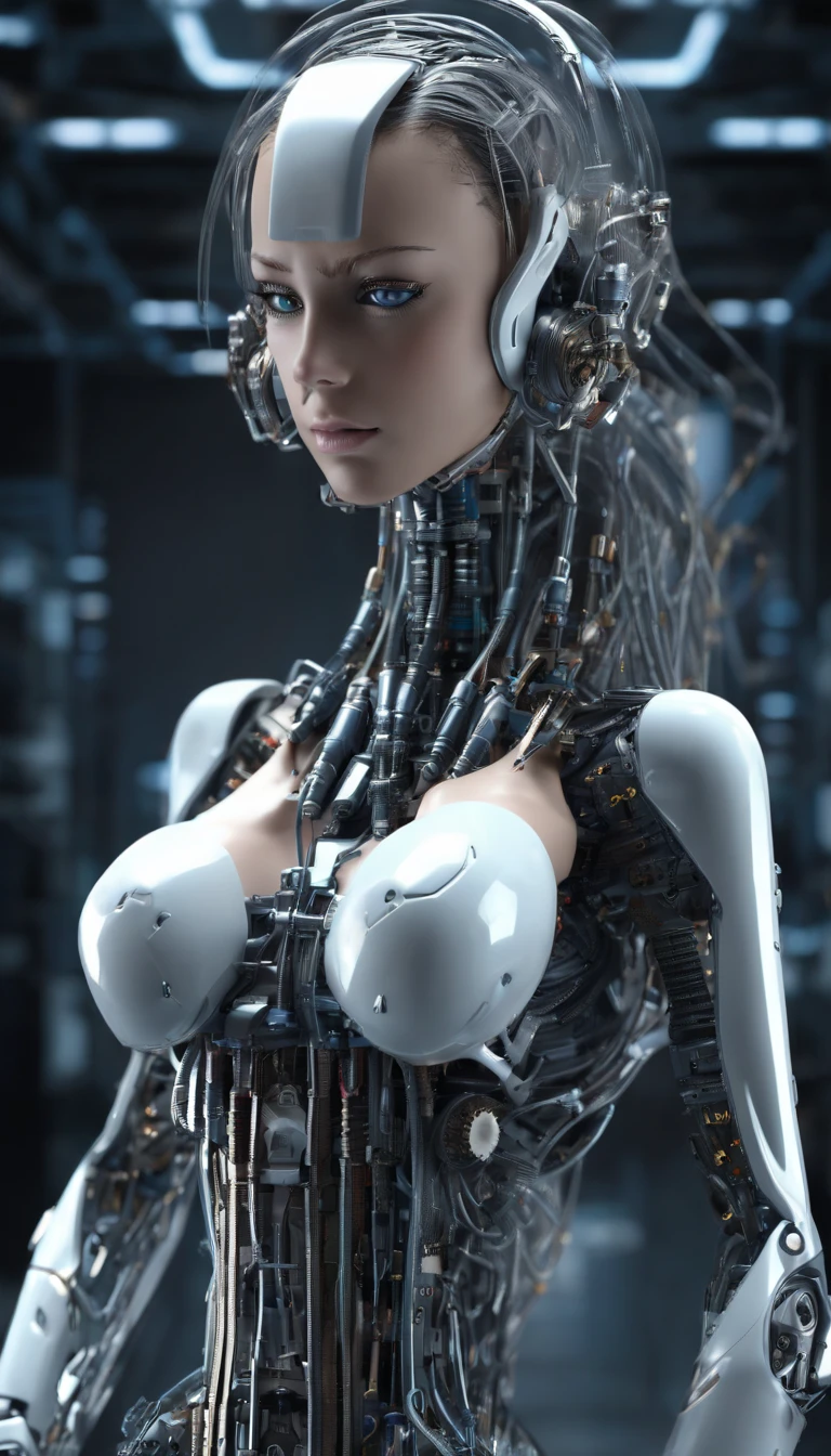 looking down on the camera,Focus full-body shots,Ask to draw the whole body,highly detailed,Cyberpunk Style,She has six robotic arms,(Best quality,4K,A high resolution,Ultra-detailed:1.2),Vivid colors,Sharp focus,Physically-based rendering,Extreme detail description,professional,Mechanical transparent waist,Long white cascading hair,Perfect facial features,Incredible breasts hang in front of you, Unbelievably exaggerated big buttocks, Wide hips, Incredibly long muscular legs take up two-thirds of the body,Glamorous mechanical heels,Unbelievable,Extremely detailed eyes and face,Long eyelashes, Confident and powerful facial expressions,with perfect feet