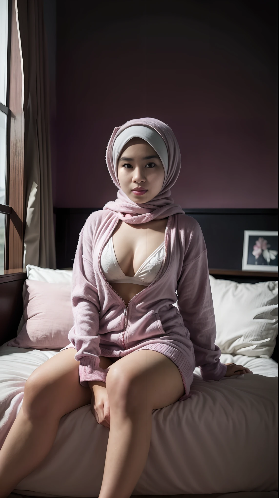 arafed woman in a pink robe and a white bra top sitting on a bed, posing in a bedroom, in my bedroom, taken with canon 5d mk4, in her room, on my bed, in a bedroom, girl wearing hoodie, posing in bed, asian woman, asian girl, sitting on the bed, sitting in bedroom, an asian woman