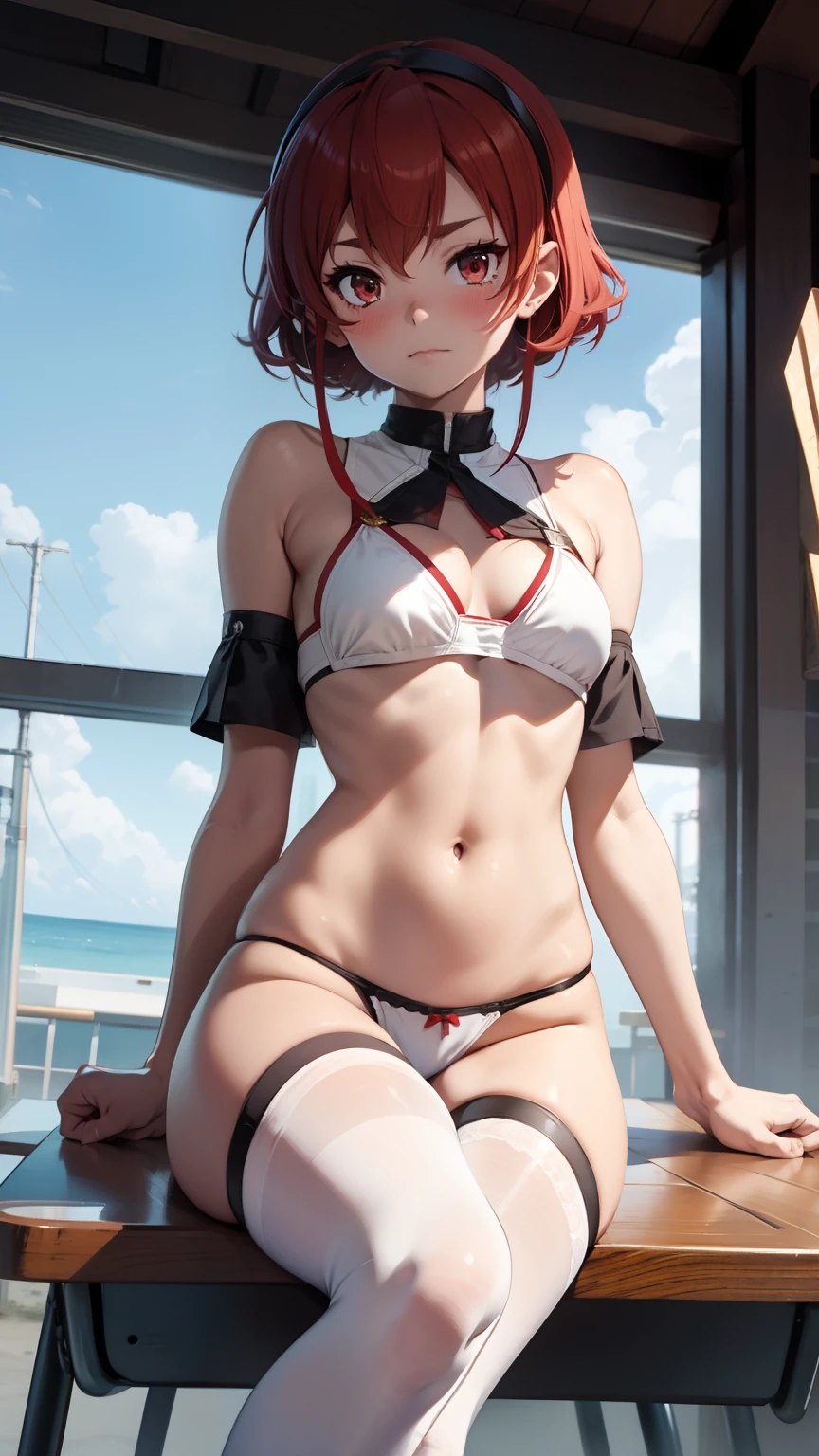 Nsfw, sfw, 18+, ero, erotic, embarrassed, blushing,red eyes, Sitting on school desk,with a magic class in the background, white very sexy short bikini, small breasts, detailed body, white super short shine hair, legs crossed, one leg on top of the other, legs crossed,  panties visible, sexy stockings, heels,Hi-Res, 1girl in, Cute anime illustration, 18+