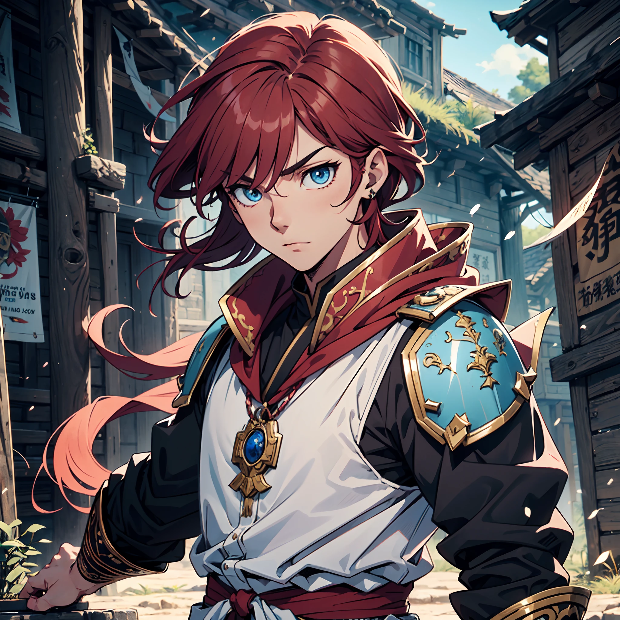 Ultra High Definition, Ultra High Quality, Extremely Detailed, Perfectly Detailed, Masterpiece, 8k, 1 Boy, Look A Like Xin From Kingdom Anime, Handsome, Equipped With Royal Knight Armor, Solid Light Blue Eyes, Long Red Hair, Body Shot, Ancient Kingdom Background