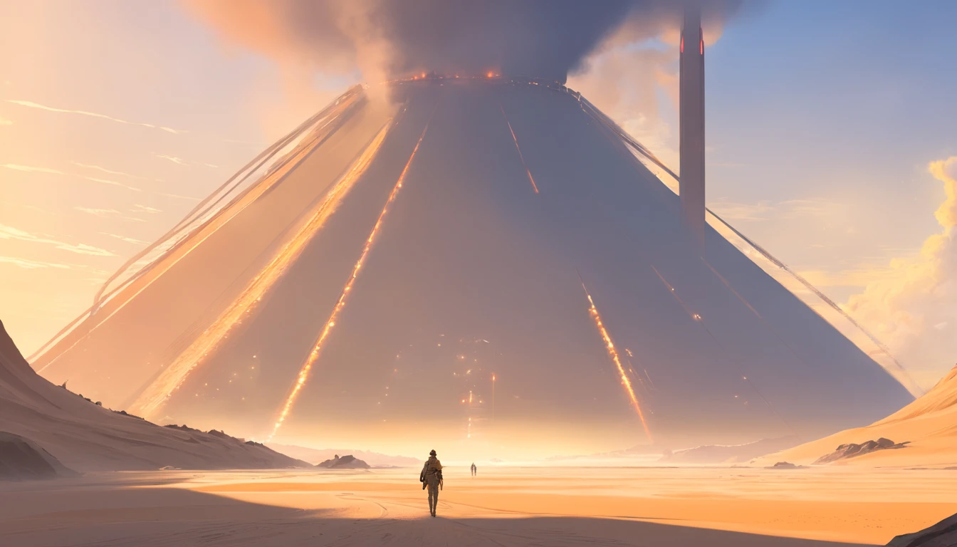 Dune concept art，Clean and neat tones，Sci-fi base scene，Huge scene，Square-shaped complex，Soviet aesthetic architecture，huge buildings，There are many spaceships in the air，Size contrast，crowd of， Soldiers versus soldiers， Big scenes of war，smog，epic concept art，Fine 8K，vray，Wasteland Science Fiction