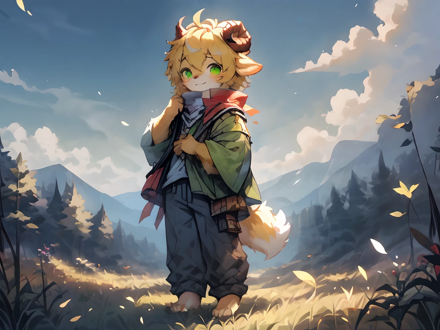 （Yellow color hair，toddlers green eyes，golden fox，mascle）deer's horn，adolable， standing on your feet， Master masterpieces， A high resolution，8K，detailedbackground，high high quality，独奏，shorter pants，grassy fields，white blossoms，falling leaf，​​clouds，setting sun，Shy，wide wide shot，（独奏，solo person）