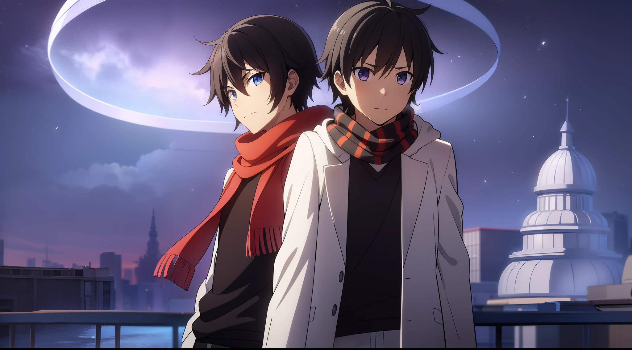 Male, Hibiki Kuze, White Hoodie, scarf Jacket, boy, fantasy world background, hoodie