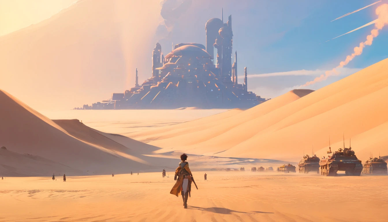 Dune concept art,Clean and neat tones, Sci-fi base scene, Huge scene, Square-shaped complex, Soviet aesthetic architecture, huge buildings, There are many spaceships in the air, Size contrast, crowd of Soldiers versus soldiers, Big scenes of war, smog, epic concept art, Fine 8K,vray, Wasteland Science Fiction