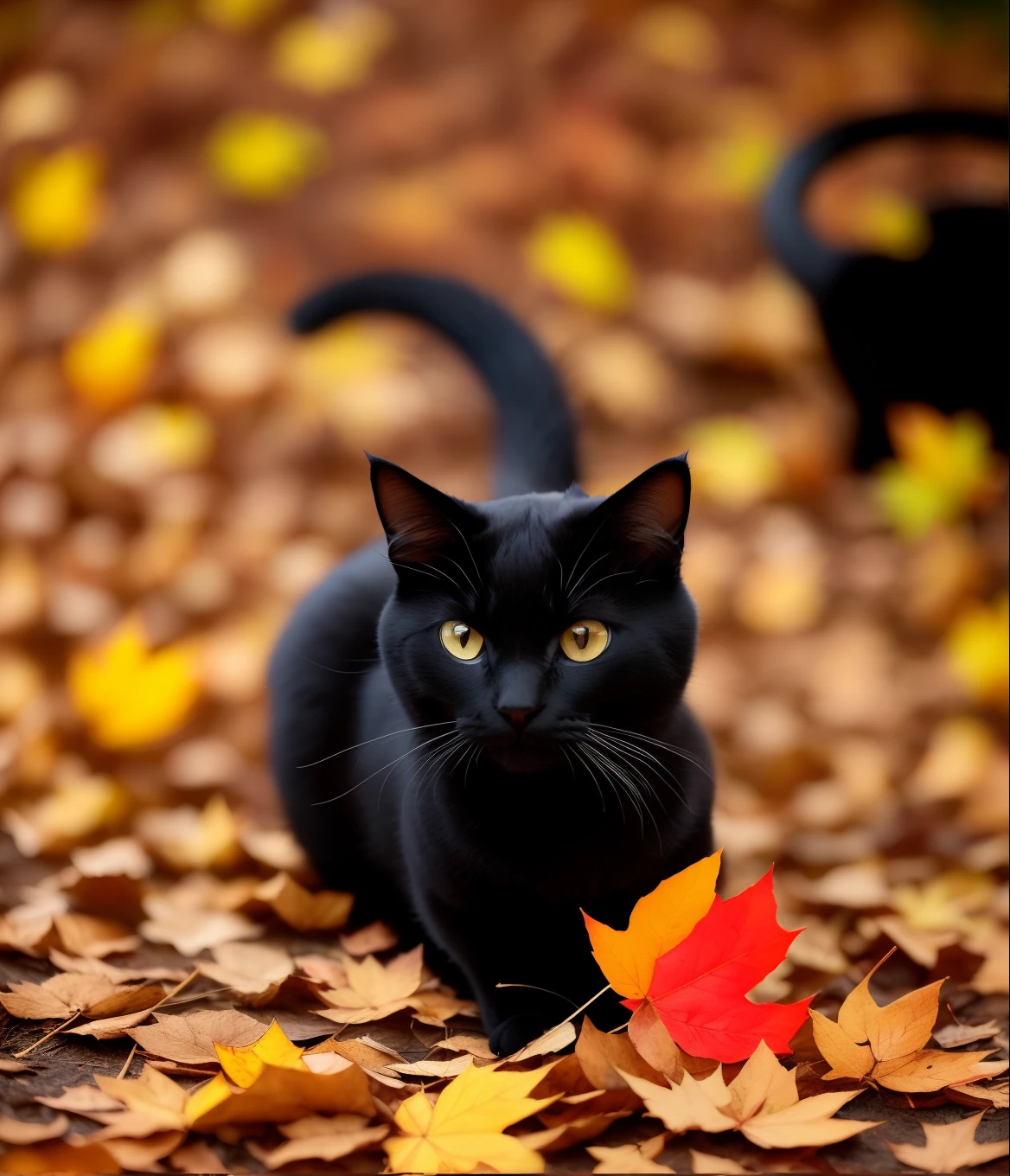 arafed black and white cat sitting on a bed of leaves, 🍂 cute, beautiful autumn spirit, 🍁 cute, black cat, chilling on a leaf, black cats, beautiful picture of stray, covered in fallen leaves, dressed in black, ❤🔥🍄🌪, in fall, lovely dark autumn princess, in the autumn, mischievous look, smokey