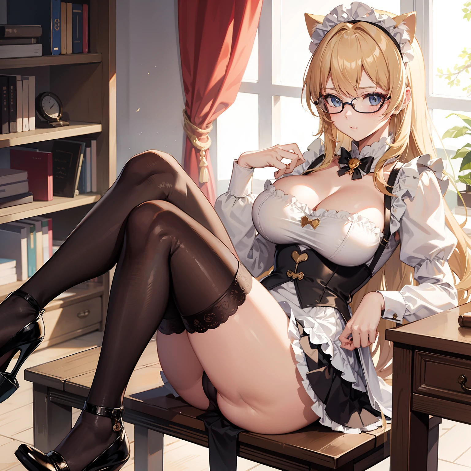 anime girl, 1 person, blonde hair, glasses, Crown,maid,cat ear, front view, big breasts, tights, sitting on desk,exposed chest, underwear, maid suit, shy, blushing, lifting skirt , bright sky, sitting cross-legged, high heels,exposed chest, underwear, middle-aged women, blushing, lifting skirt, showing off underwear, (full HD 4K+ image